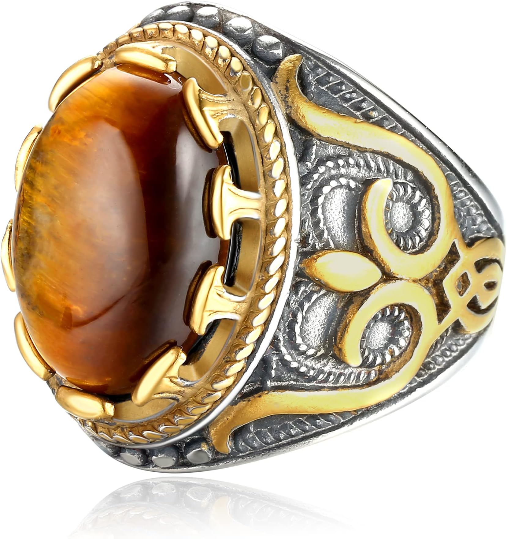 Retro Large Tiger Eye Stone Mens Ring Turquoise Vintage Ring for Men Oval Gemstone Stainless Steel Ring Size 7-13