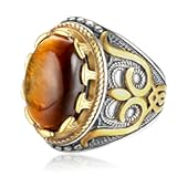 Retro Large Tiger Eye Stone Mens Ring Turquoise Vintage Ring for Men Oval Gemstone Stainless Steel Ring Size 7-13