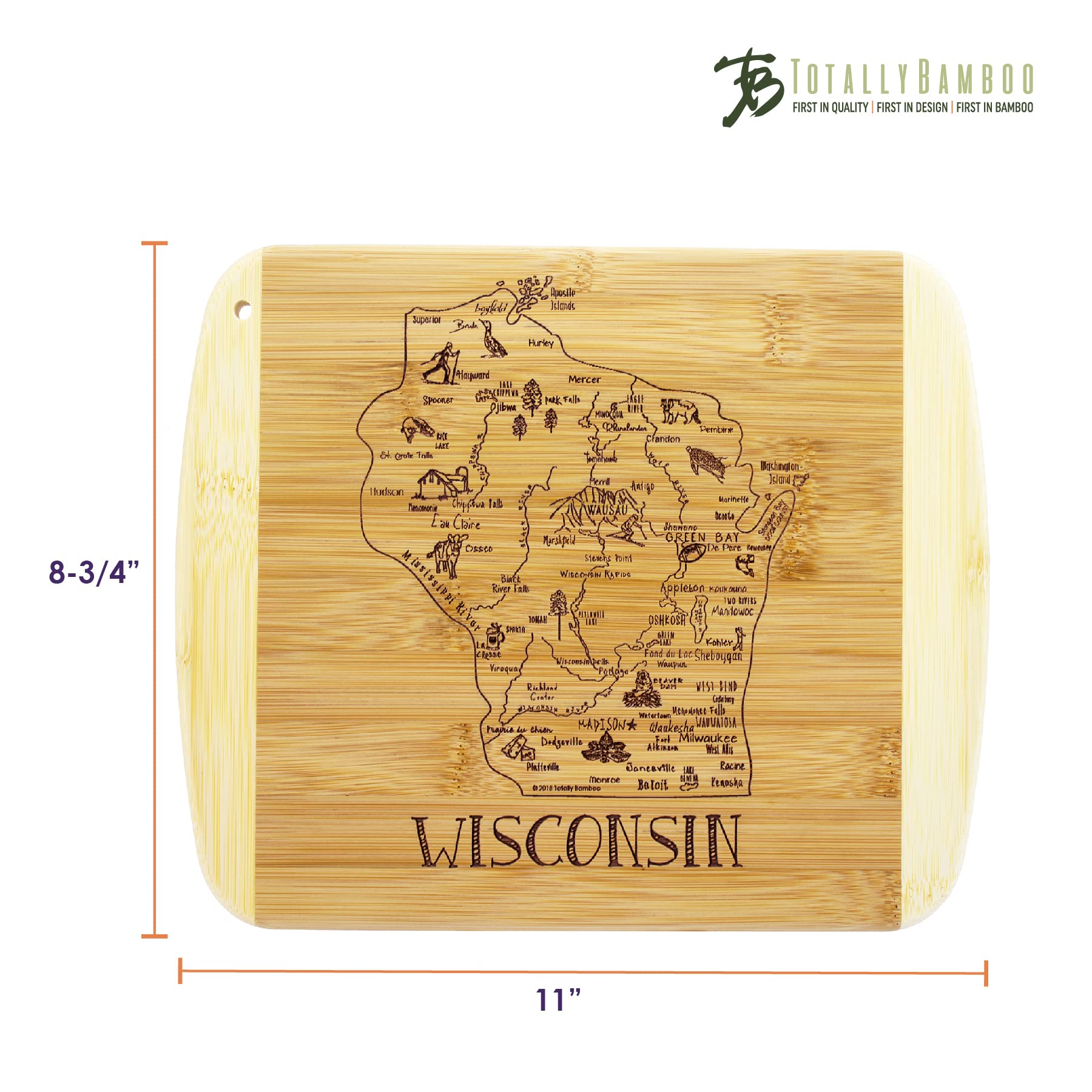 Totally Bamboo A Slice of Life Wisconsin State Serving and Cutting Board, 11" x 8.75"