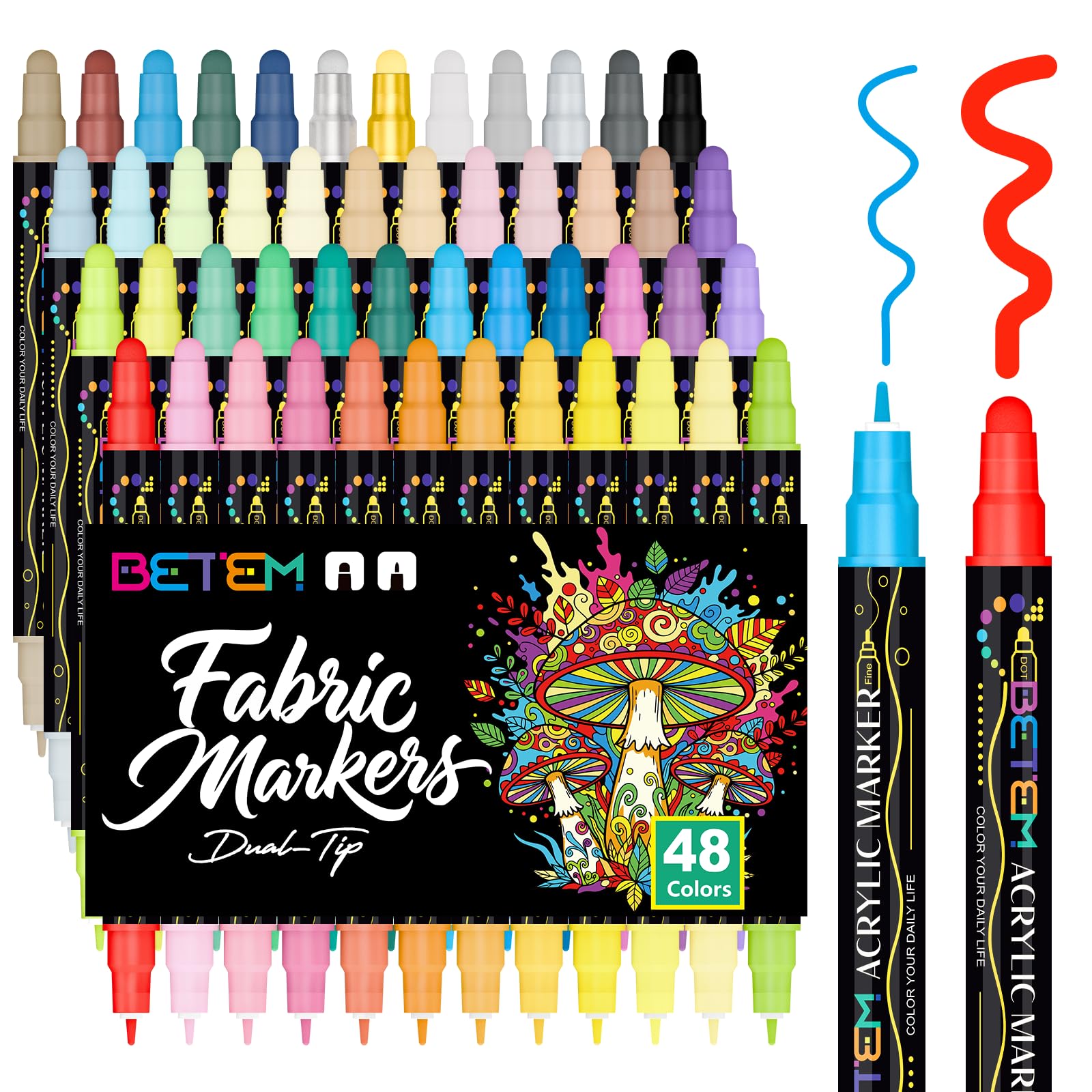Betem Dual Tip Acrylic Paint Markers, 48 Colors Value Pack | Non-Toxic Art Supplies for Fabric, Rock, Wood, Glass, Canvas, Ceramic - main product image
