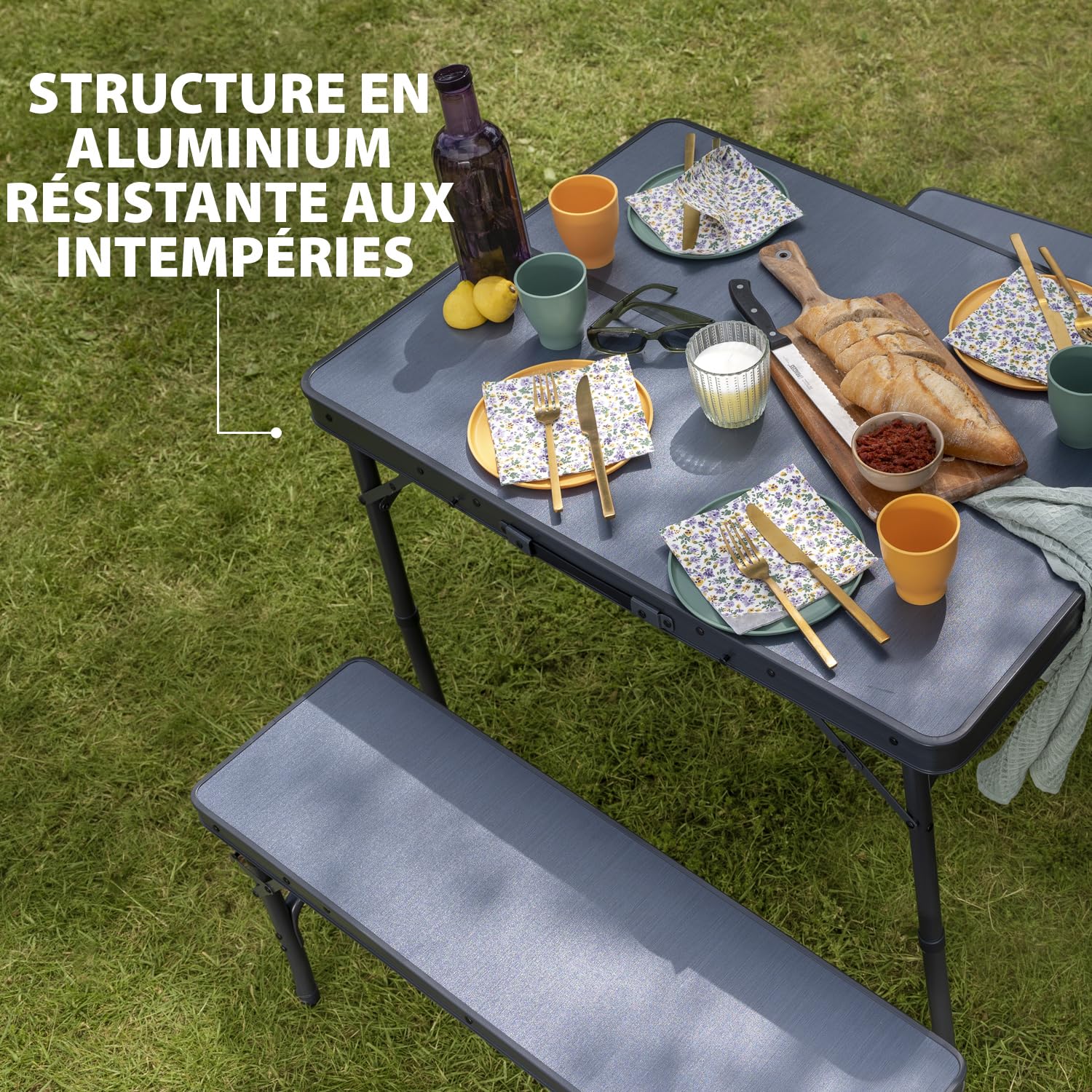 Campart table de camping pliable Maine - 2 bancs inclus - Pieds réglables, Noir