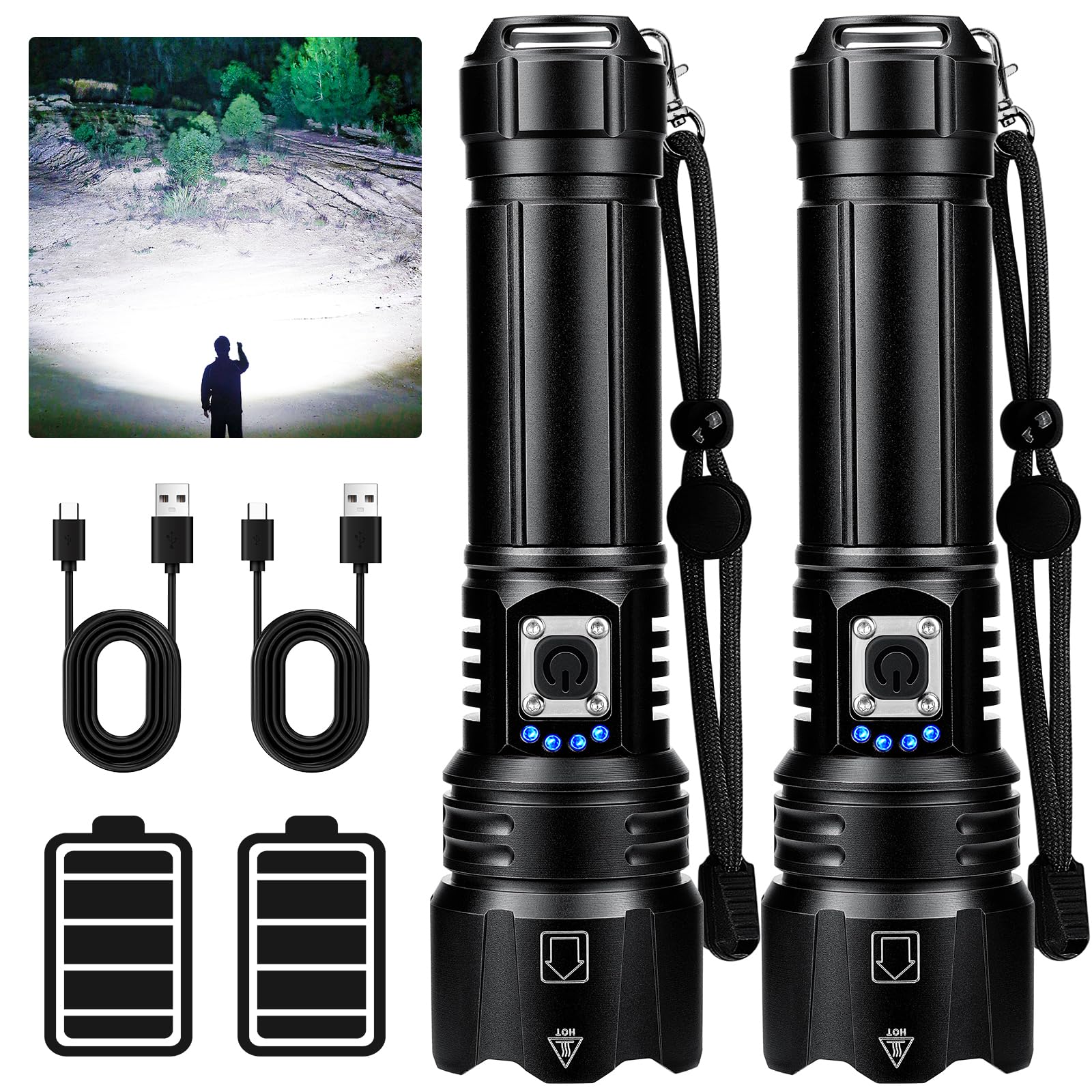 Rechargeable Flashlights - 2 Pack Super Bright Powerful Flashlight 990,000 High Lumens with 5 Modes - 12H Long Runtime & IPX6 Waterproof Brightest LED Flash Light for Home Outdoor Camping