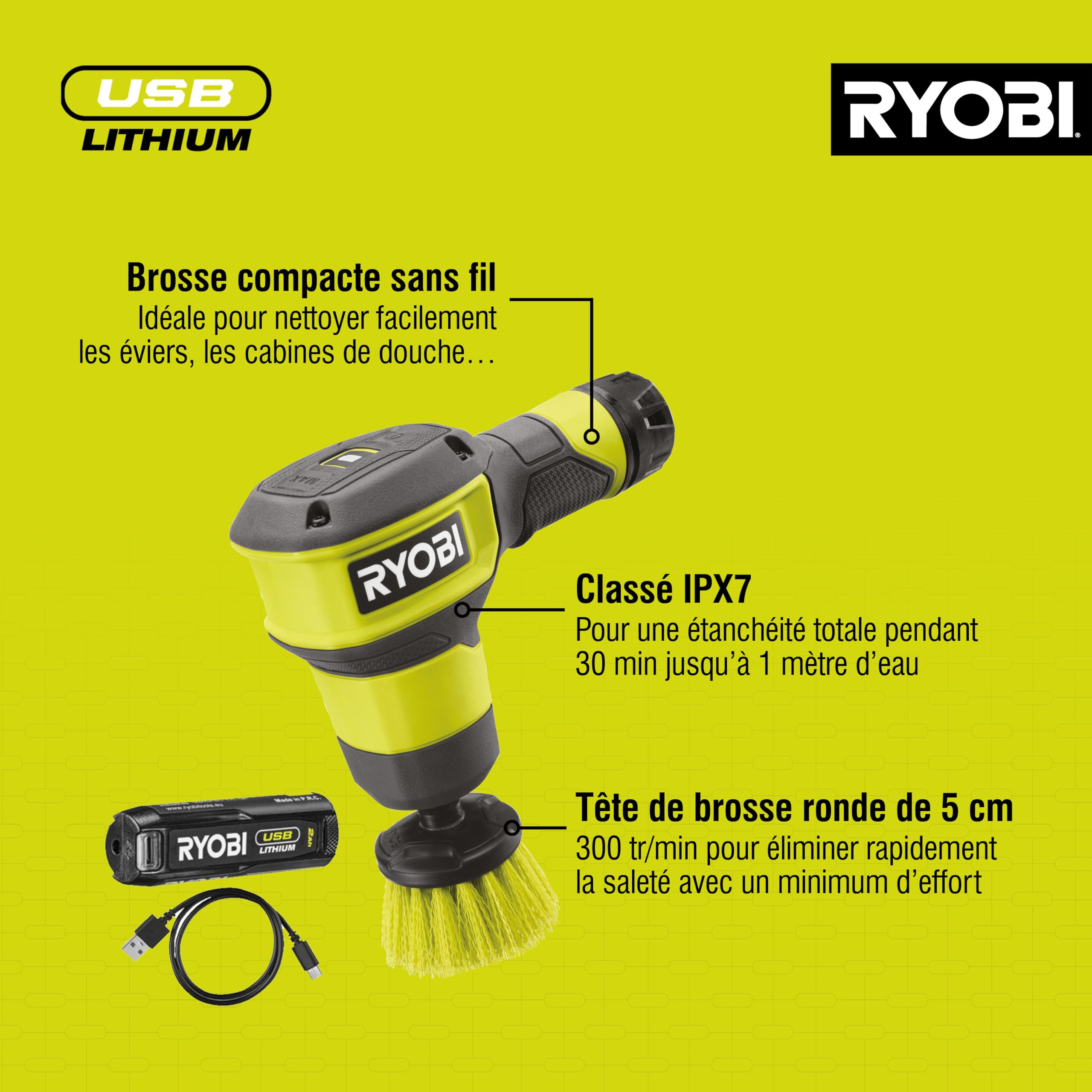 RYOBI - Brosse de Nettoyage - 4V USB Lithium - RSCR4-120G - Nettoyage Joints, Jantes, Salle de Bain, étanche IPX7-1 Batterie 2,0 Ah