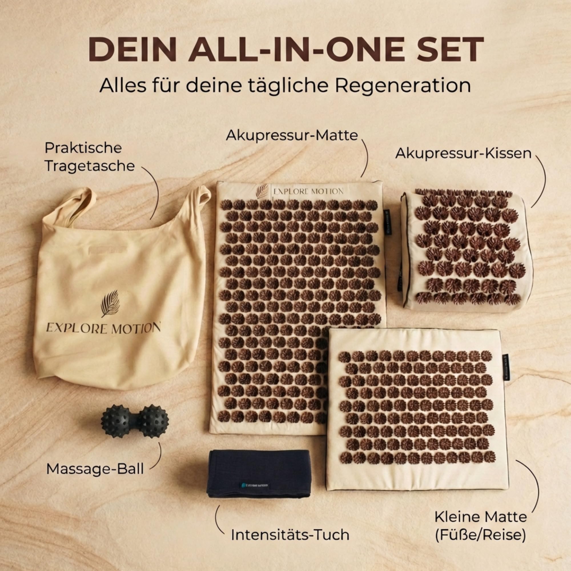 Tappetino di Agopressione Premium 6 in 1 - Edizione Sandstone | Massaggio schiena e cervicale contro stress e tensioni | Con cuscino, tappetino extra, palla da massaggio e borsa | Senti la differenza