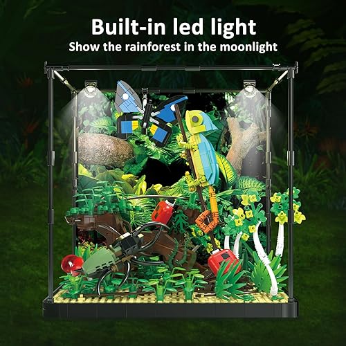 Miniatura 4 de Juego de construcción de selva tropical con luz LED, bloques de construcción de paisaje de selva con camaleón, mariposa, escarabajo, mariquita,