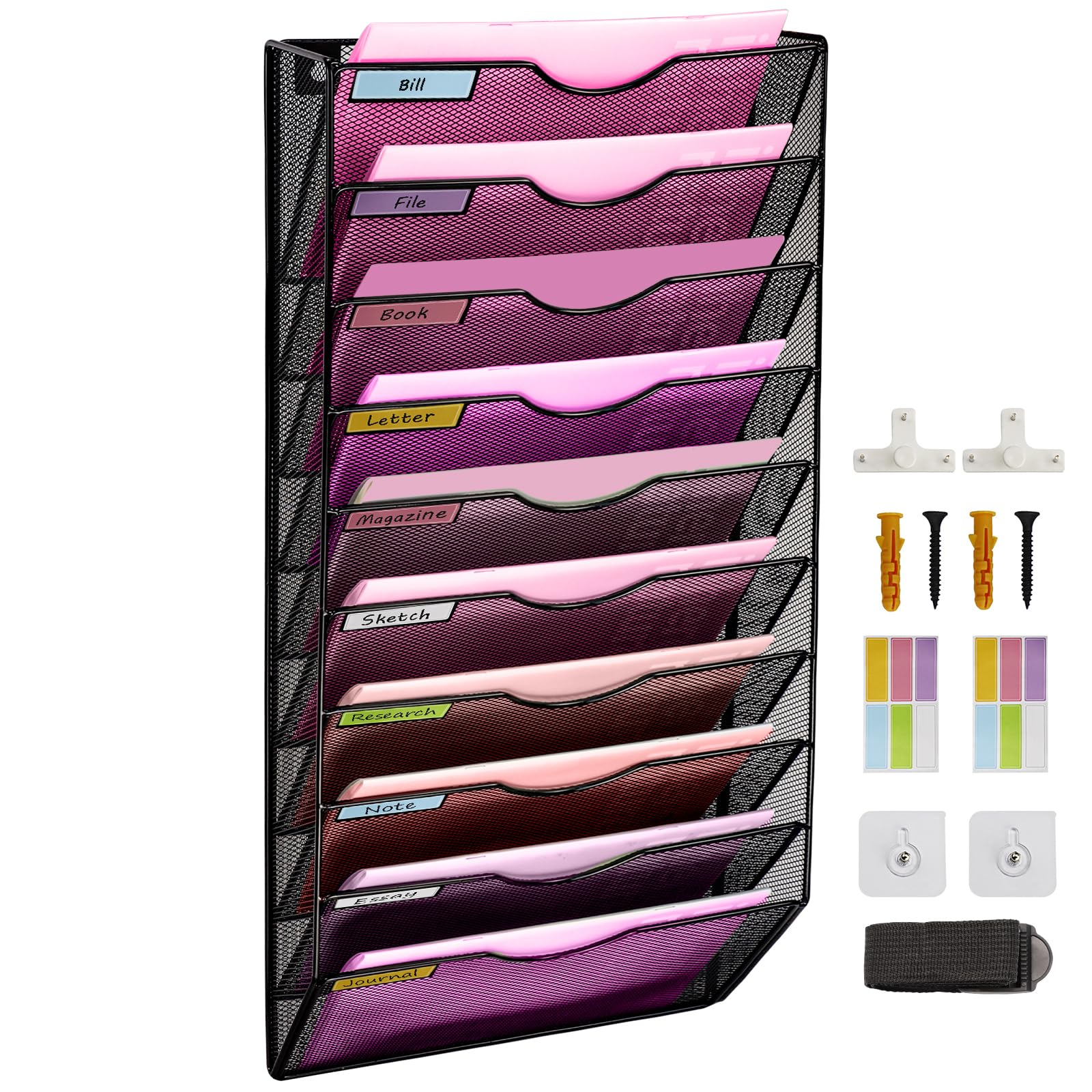 ideallife Wall Mounted Document Holder, A4 Mesh in Tray Wall Pocket File Holder Mail Organiser Magazine Storage Rack, 10 Tier Desk Tidy Stationary Organiser A4 Paper Storage for School Home and Office โ image 1