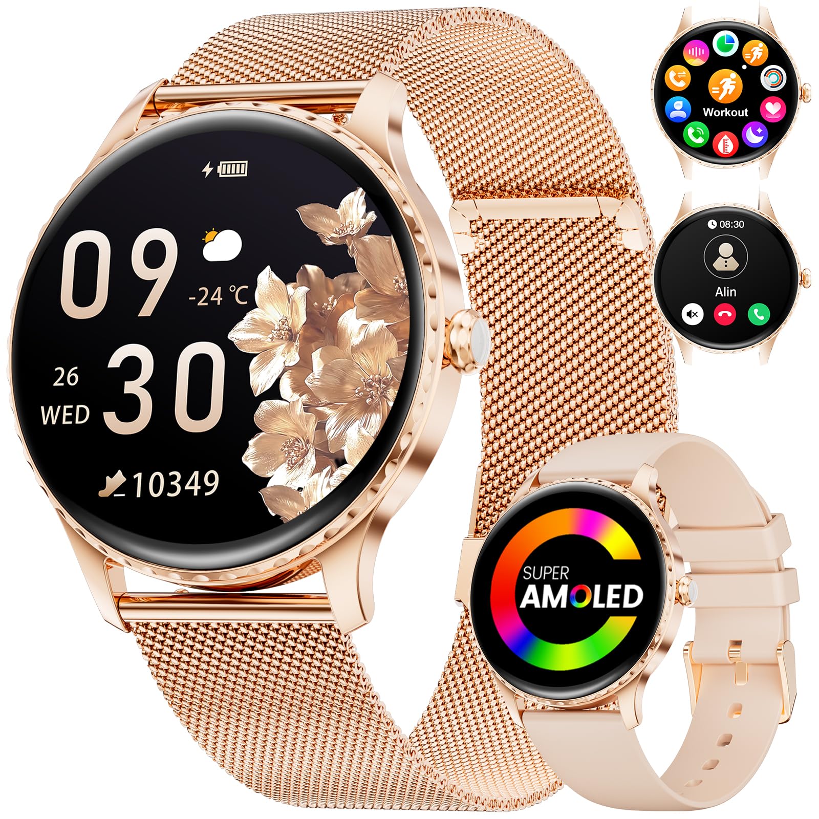 Smartwatch Donna Rotondo,1.32"Amoled Display/Chiamate Bluetooth, Orologio Smartwatch con Fisiologia Femminile/Frequenza Cardiaca/Sonno, 110+ Modalità Sportive IP68 per iOS Android Oro Rosa