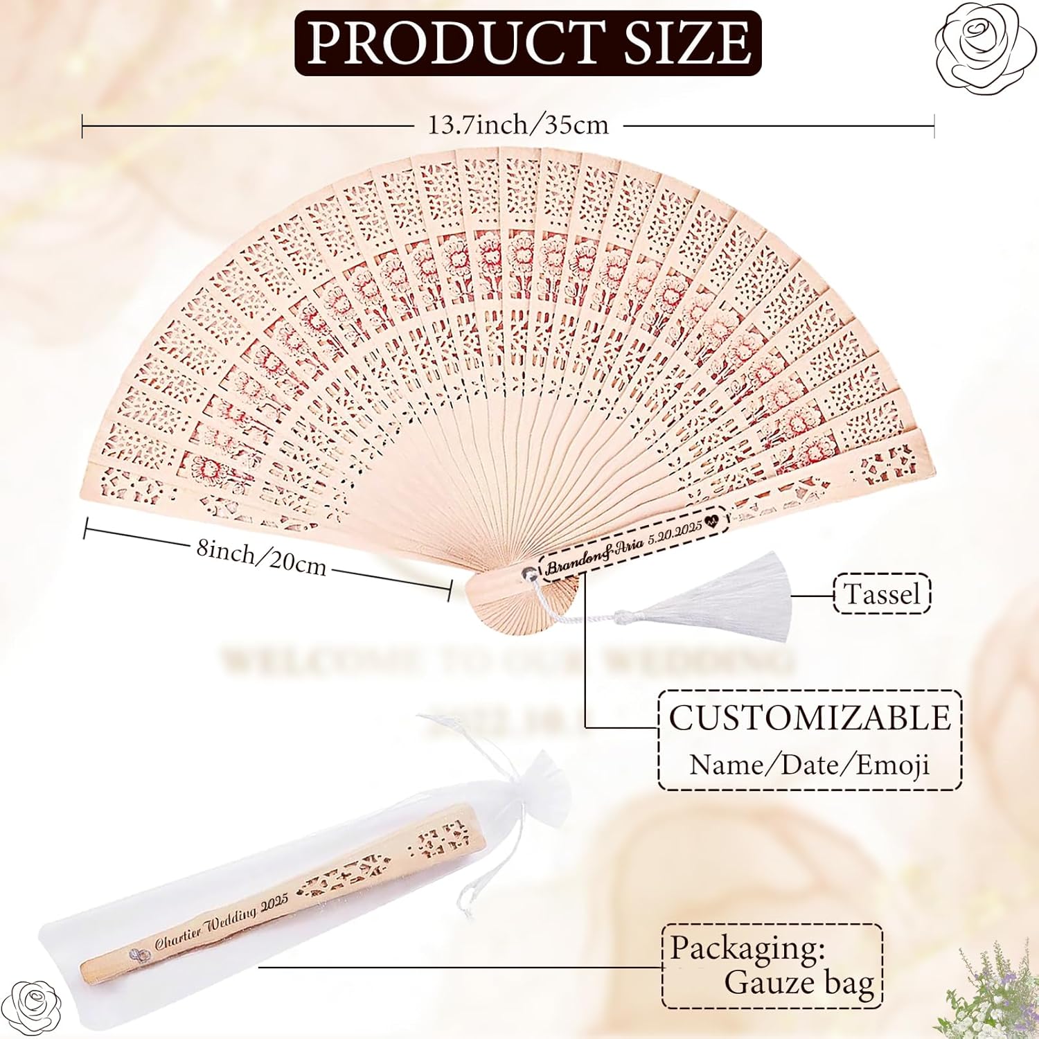 LIUBAI 50PCS Wedding Fans Personalized Folding Handheld Fan Wedding Favors For Guests Custom wooden hand fan with Organza Bags and Tassel