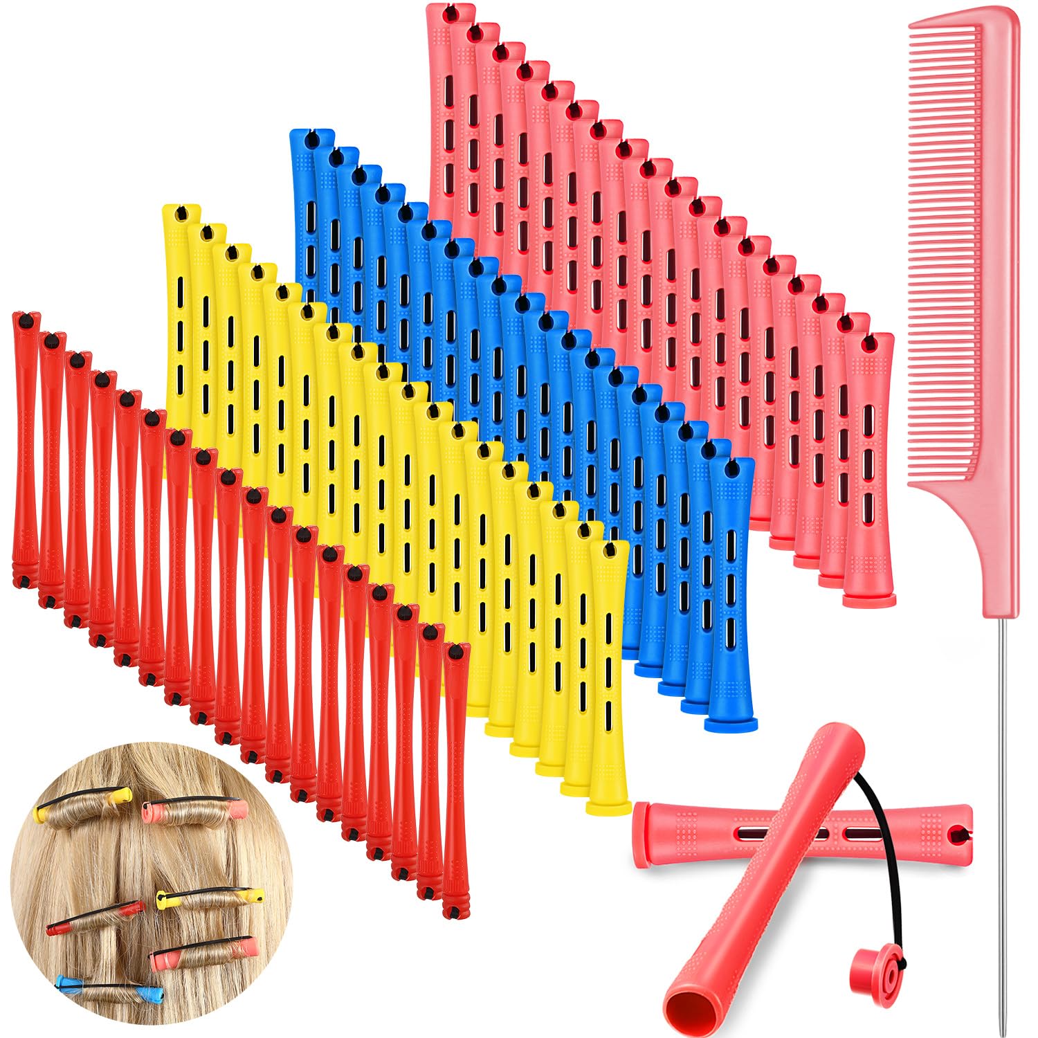 WILLBOND72 Pcs Hair Perm Rods kit Short Plastic Perming Rods Set Cold Wave Rods 4 Sizes Hair Curling Rollers Hairdressing Tools with Steel Tail Pigtail Comb for Hair Styling (Vivid Color, 2.36 in)