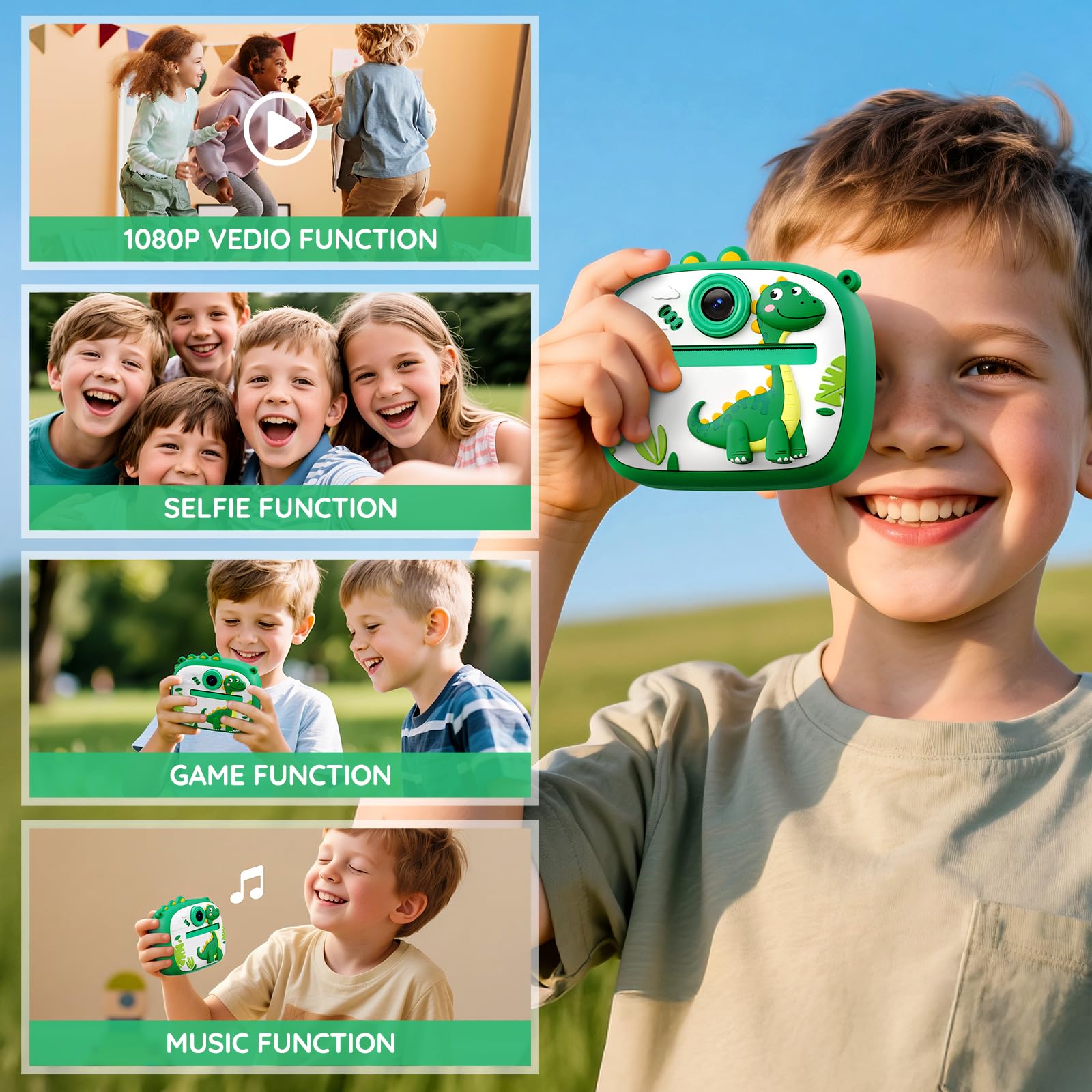 YOZISS Macchina Fotografica Bambini Istantanea, 1080P macchina fotografica istantanea bambini con 32GB e 3 Rotoli di Carta da Stampa, Regalo per Bambini dai 3 a 14 anni (DINOSAURO VDEDE)