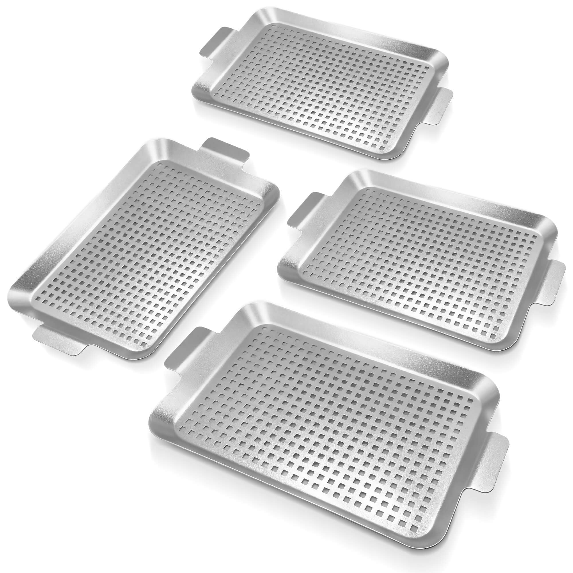 Grillpfanne 4er Set, Grill Topper für Outdoor Grill, Edelstahl Bratkorb mit Griffen, Perforierte Grillschale für Smoker Braten, Ofen, BBQ Zubehör (4 klein)