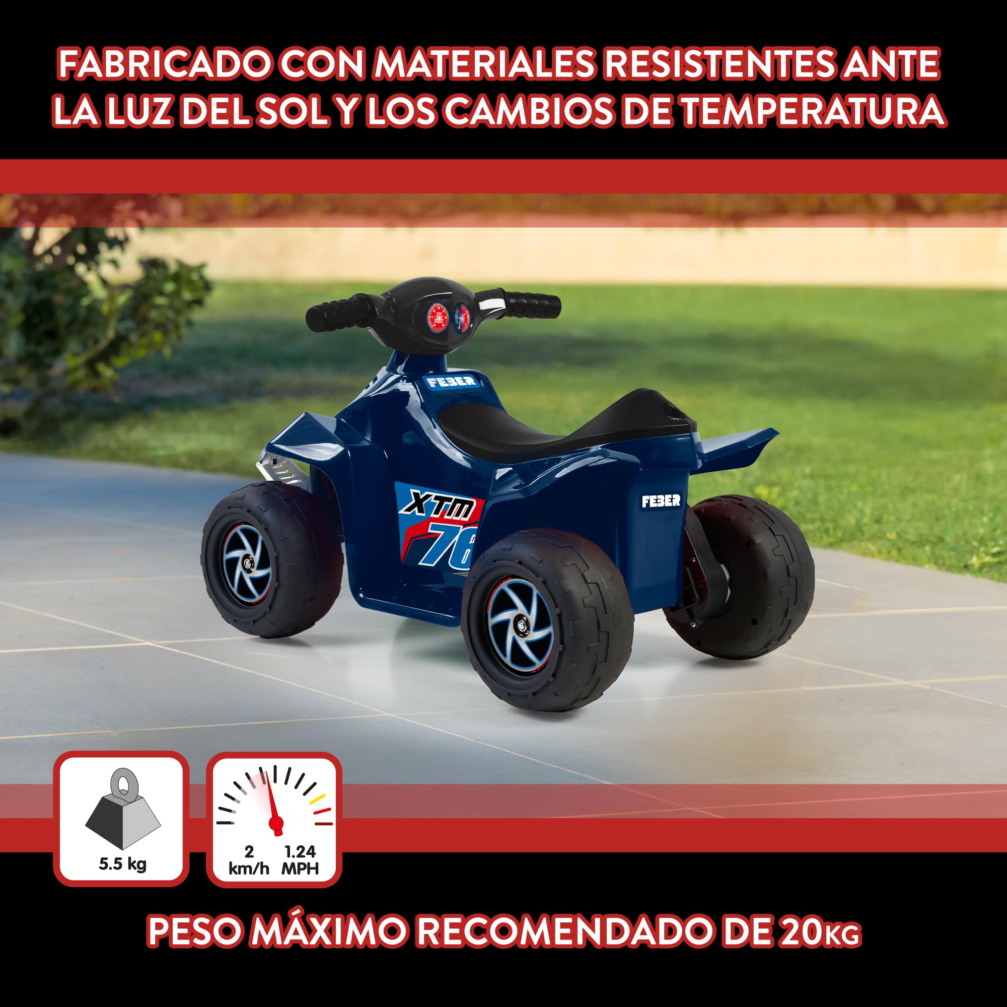 FEBER - Quad CE-Dark Blue 6V, Coche eléctrico para niños y niñas de 18 Meses a 3 años, con Acelerador, Ruedas Grandes para Estabilidad, hasta 40 min de batería, Cargador Incluido, Famosa (FEN52000)