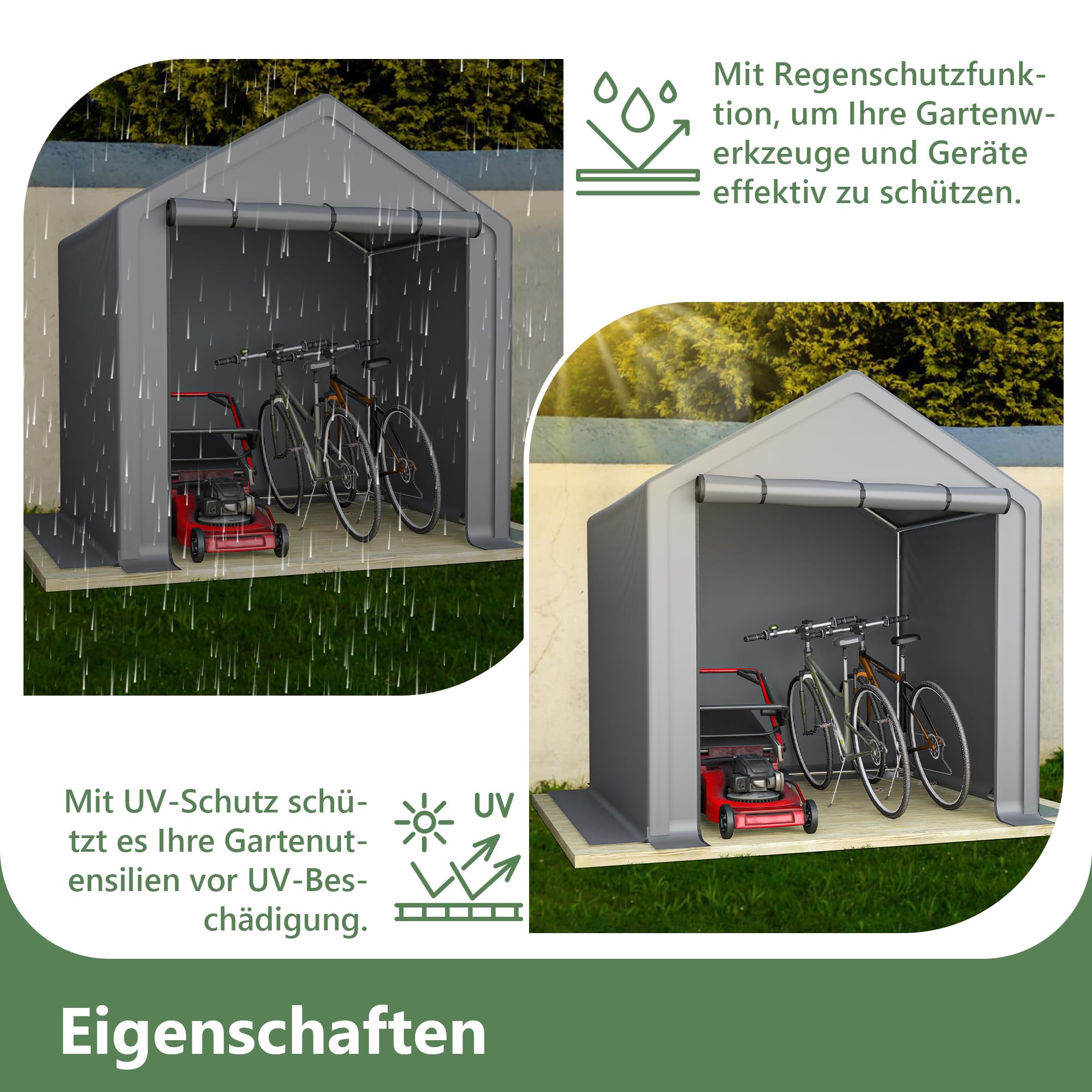 Caseta de 2 x 2 m, resistente a la intemperie, con estructura de acero, tienda de garaje, tienda de almacenamiento para bicicletas, herramientas de jardín, herramientas y accesorios de jardín