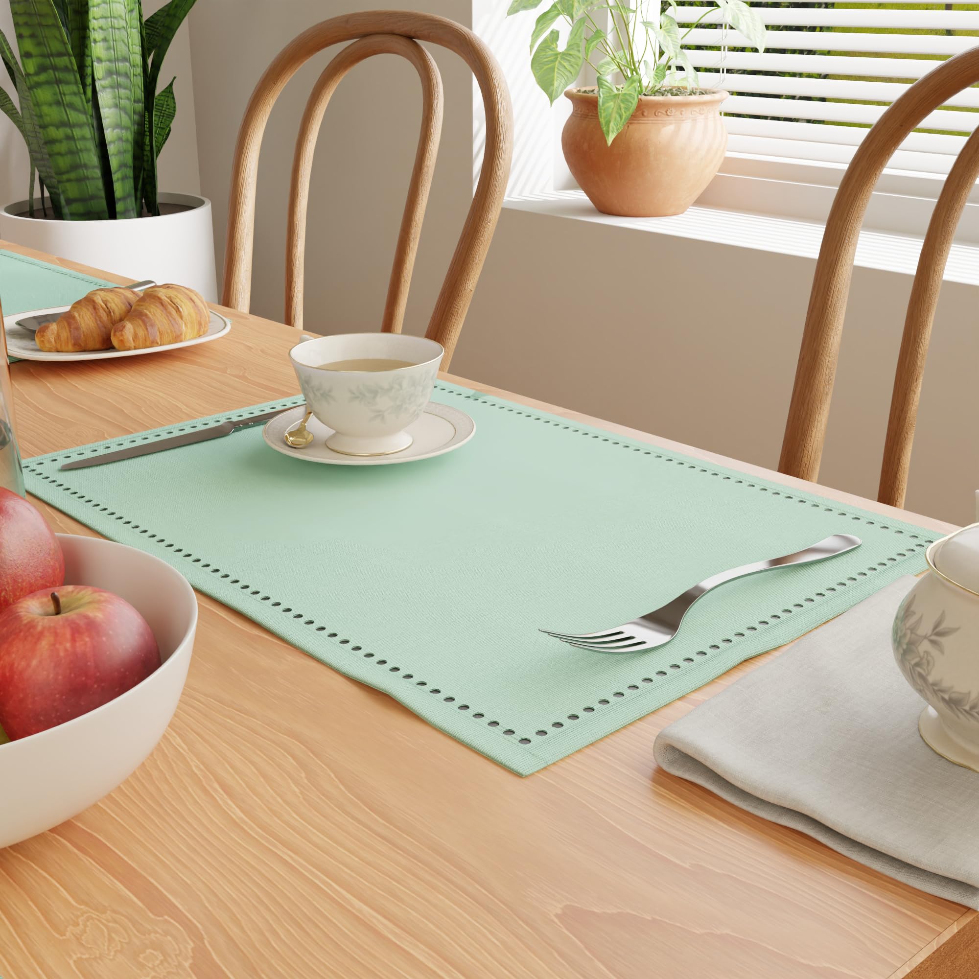 Encasa XO Tischsets Set aus 4 | Reine Baumwolle mit Hohlsaum-Design | Minzgrün | Rechteckige 48x32 cm - Tischuntersetzer | Maschinenwaschbar