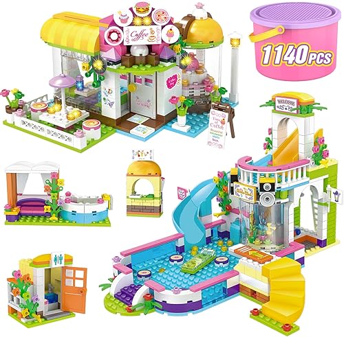 Kit de construcción de 1140 piezas para fiestas de verano en la piscina, cafetería, bloques de construcción de casa STEM Creative Friends con caja