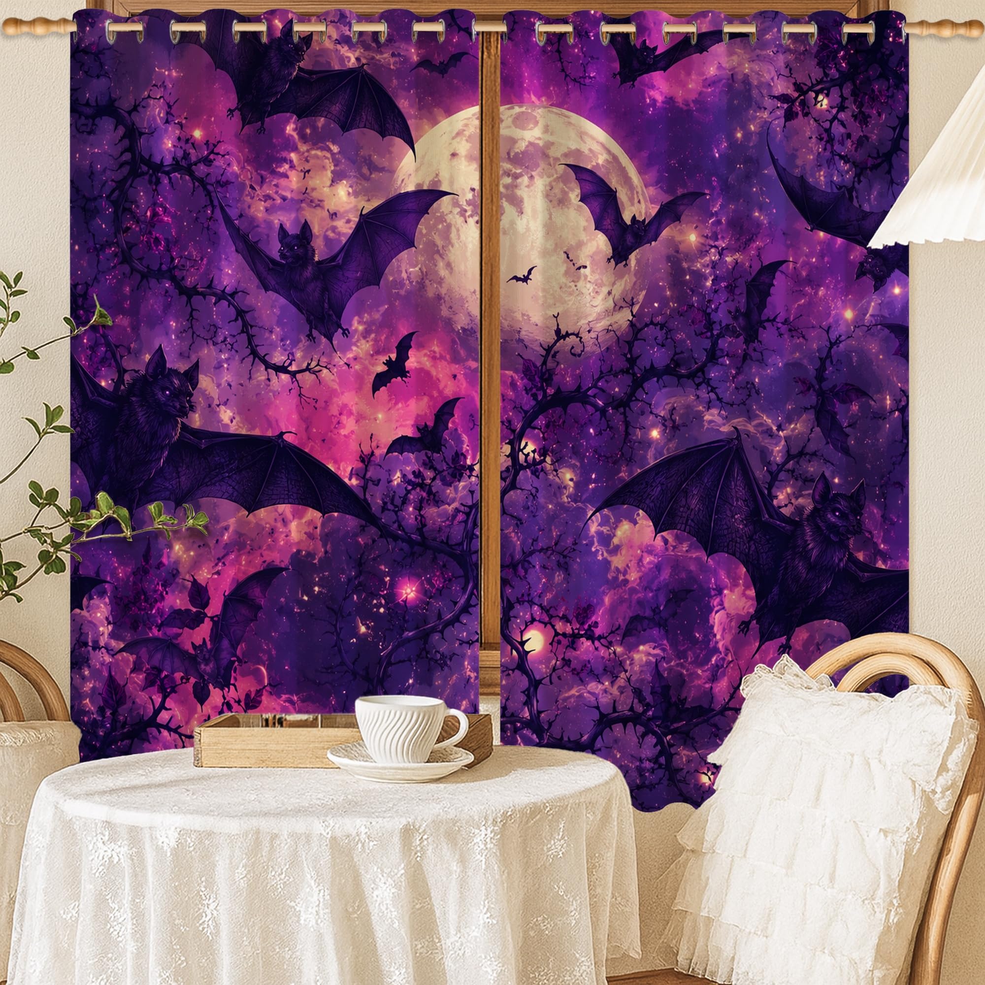 Rideaux occultants gothiques violet 132x137cm isolation thermique Halloween lune