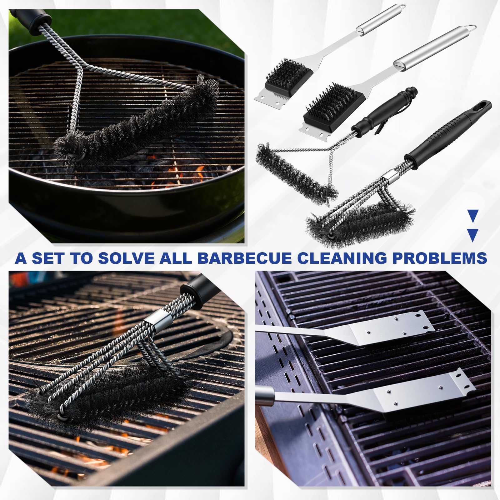 4 Stück 304 Edelstahl BBQ Grillbürste, 16,5 & 14 Drähte BBQ Bürste & Schaber, 15 Dreiköpfe und 12 Dreiseitige Bürsten für Outdoor-Grillzubehör, Ideales Geschenk für Männer/Papa