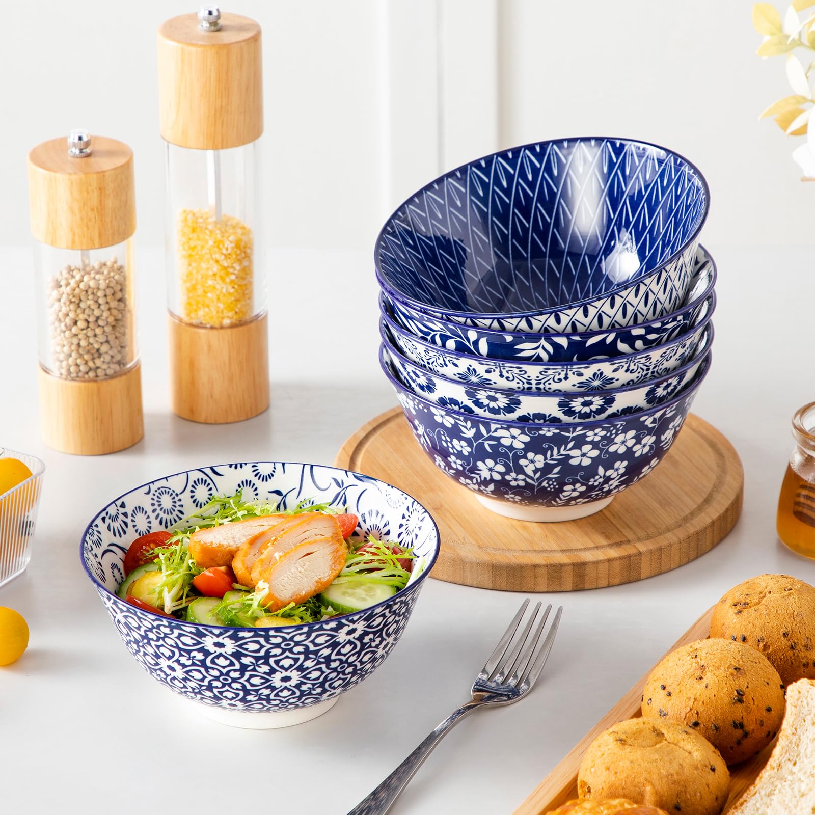 vancasso Serie SELENE - Set di 6 Ciotole per Colazione Cereali in Ceramica da 720 ml – Stile Cinese Blu e Bianco - Ciotole Cucina Adatte per Cereali, Insalata, Zuppa, Ramen, Pasta e Dessert