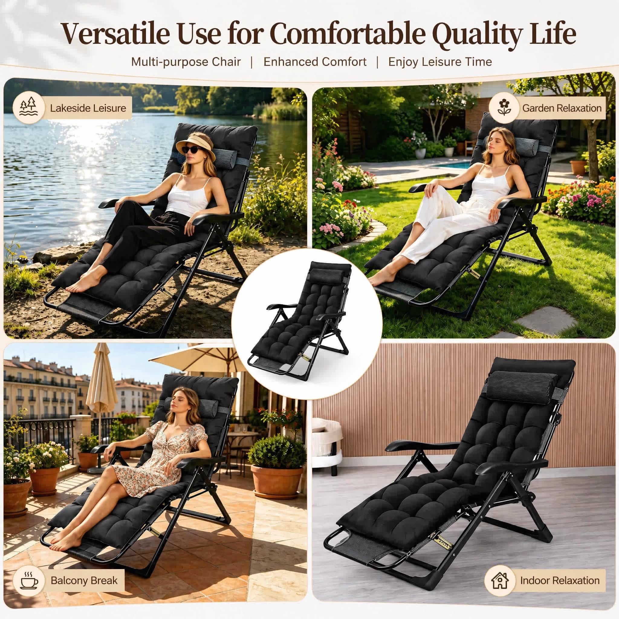 Lettino prendisole pieghevole con imbottitura, sedia a sdraio ergonomica per giardino e terrazza, schienale regolabile in 7 posizioni, per esterni fino a 150 kg, sedia da giardino per balcone e
