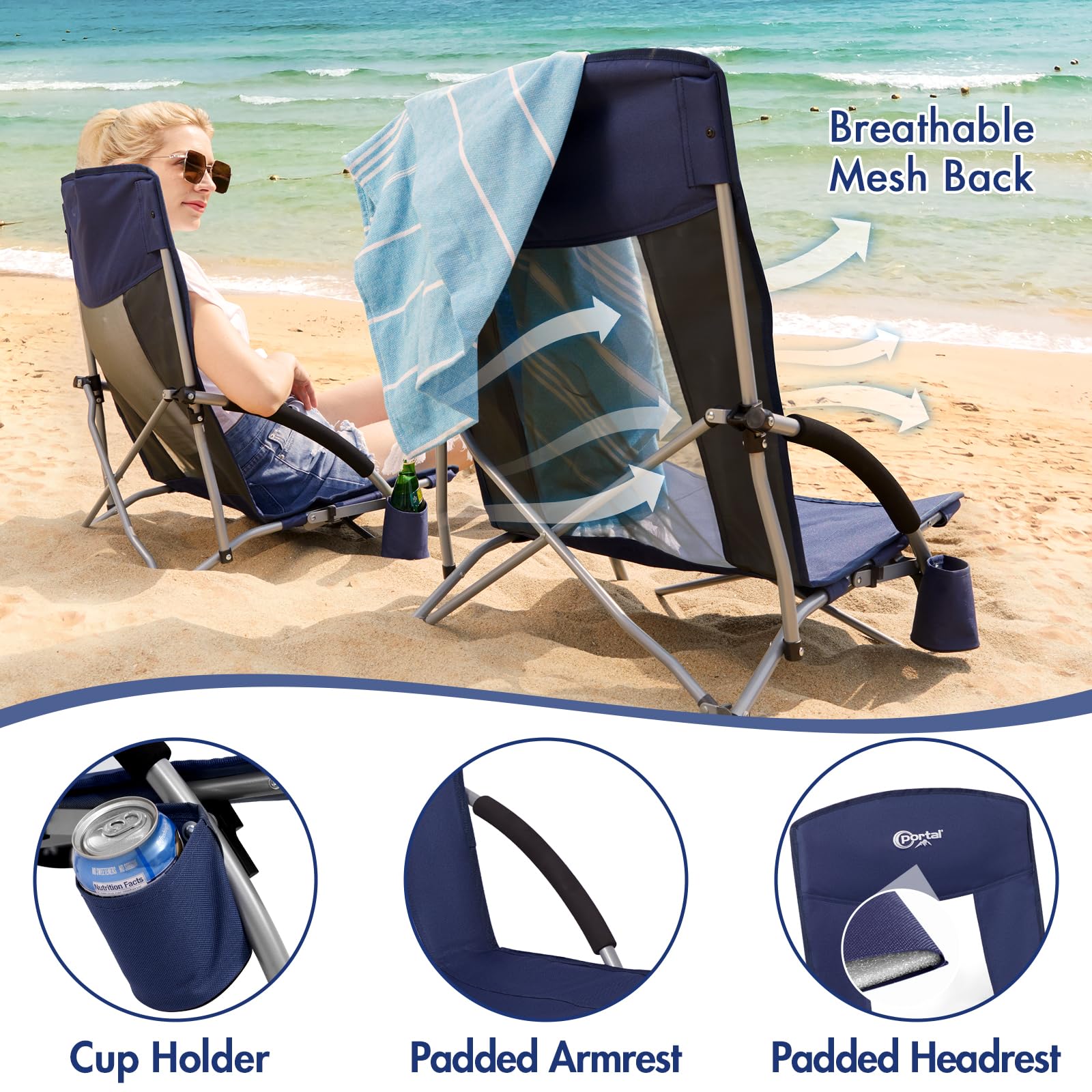 PORTAL Lot de 2 chaises de plage pour adultes - Dossier haut - Pliantes - Légères - Avec porte-gobelet - Pour voyage, concert, pelouse, festival, supporte 136 kg