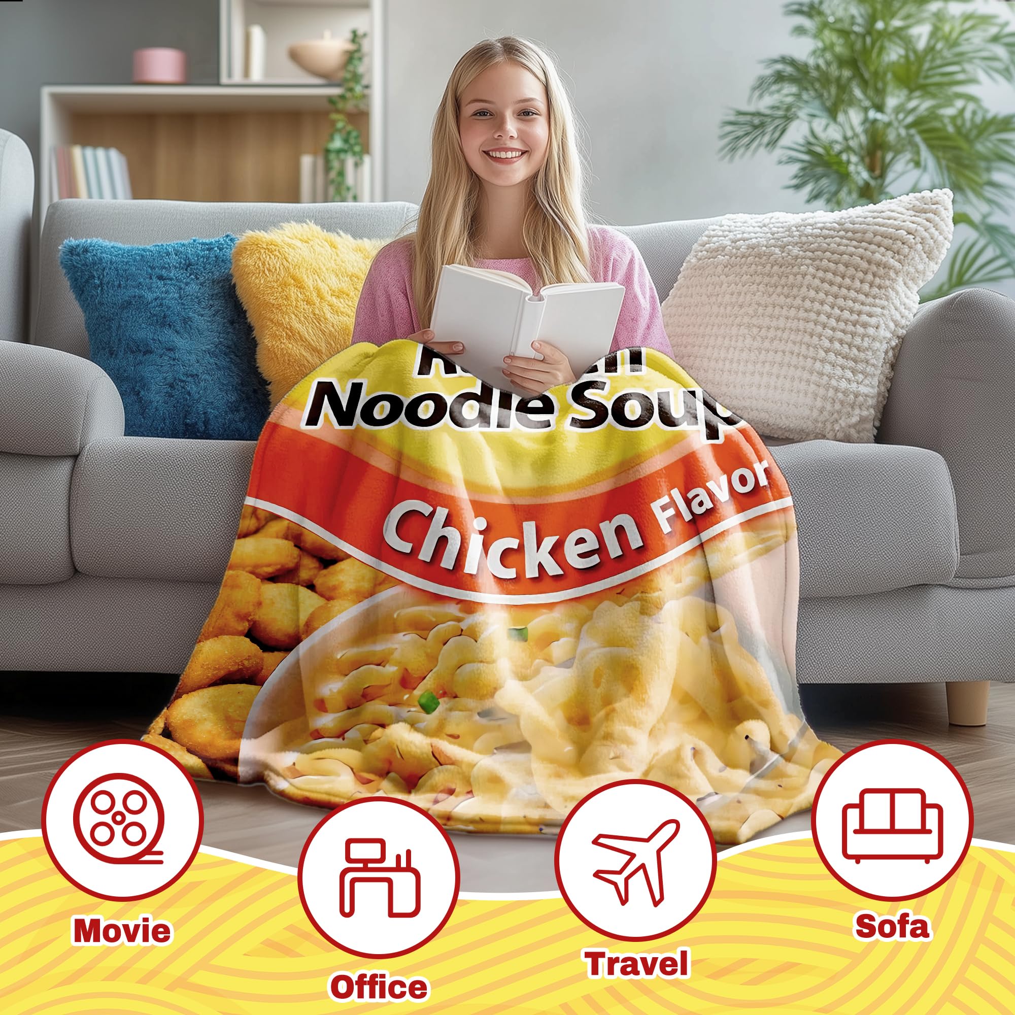 Maruchan Ramen Manta de franela con sabor a pollo, forro polar para aire acondicionado, el mejor regalo, manta ligera y acogedora de felpa para sofá, silla, dormitorio, M, 60 x 50 pulgadas, para