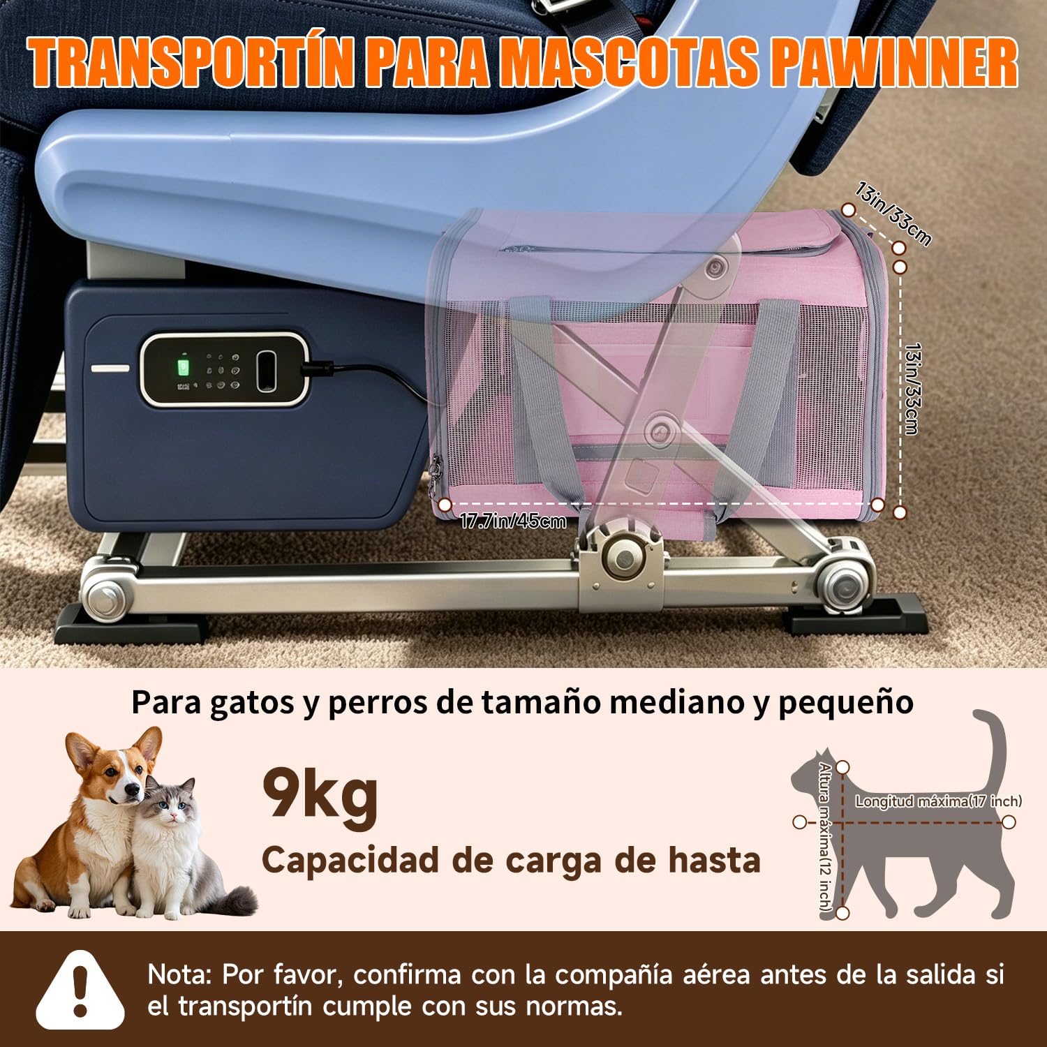 Nueva Bolsa Transporte Transpirable para Mascotas 45x33x33 cm | Transportín para Mascotas con Ruedas Desmontables y Correa Ajustable, para Mascotas Pequeñas y Medianas de hasta 9 kg (Rosa)