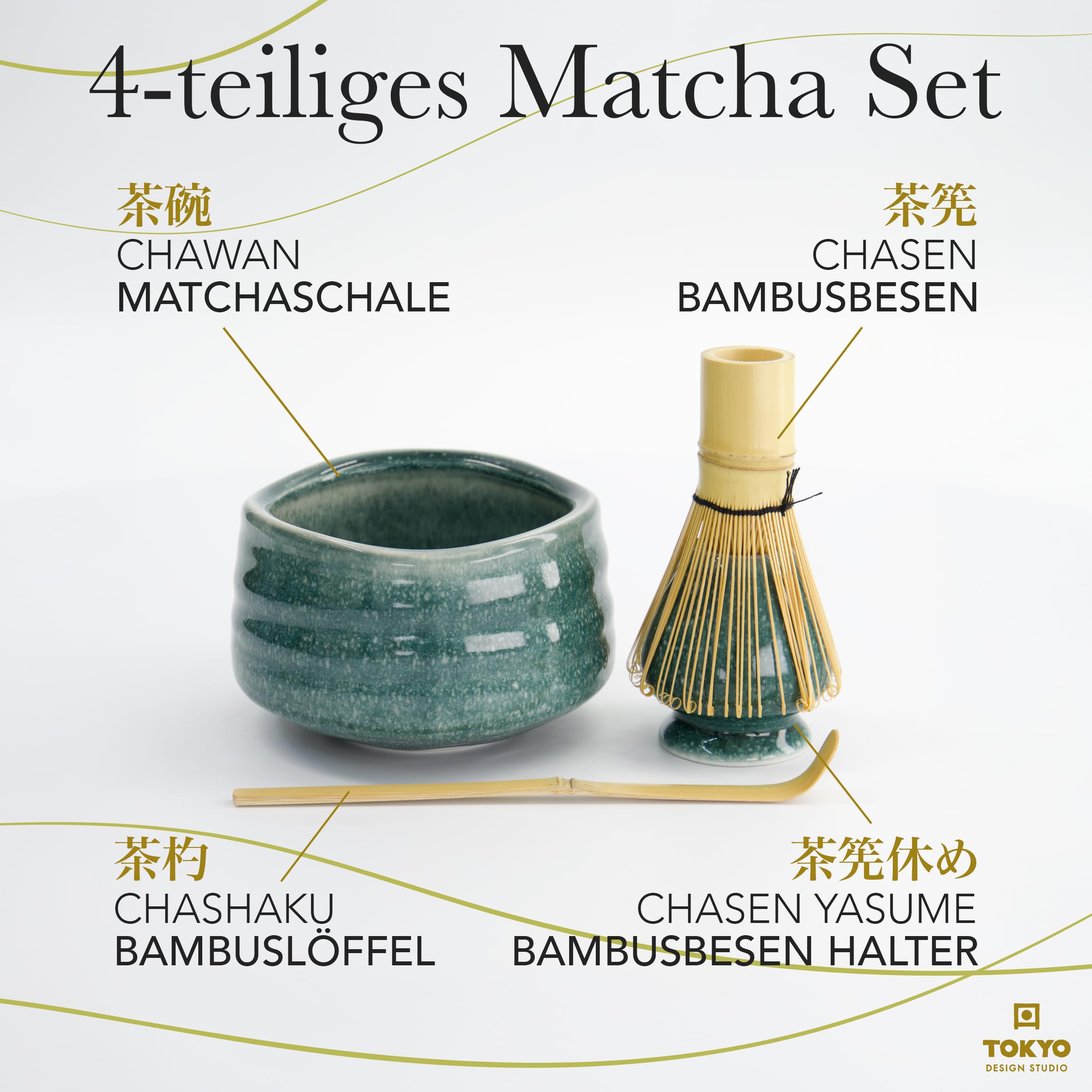 TOKYO design studio – 4-teiliges Matcha Set in hochwertiger Geschenkverpackung - mit Matchaschale, Bambusbesen, Bambuslöffel & Teebesenhalter - Traditionelle Teezeremonie – Edle Keramik in Türkisgrün