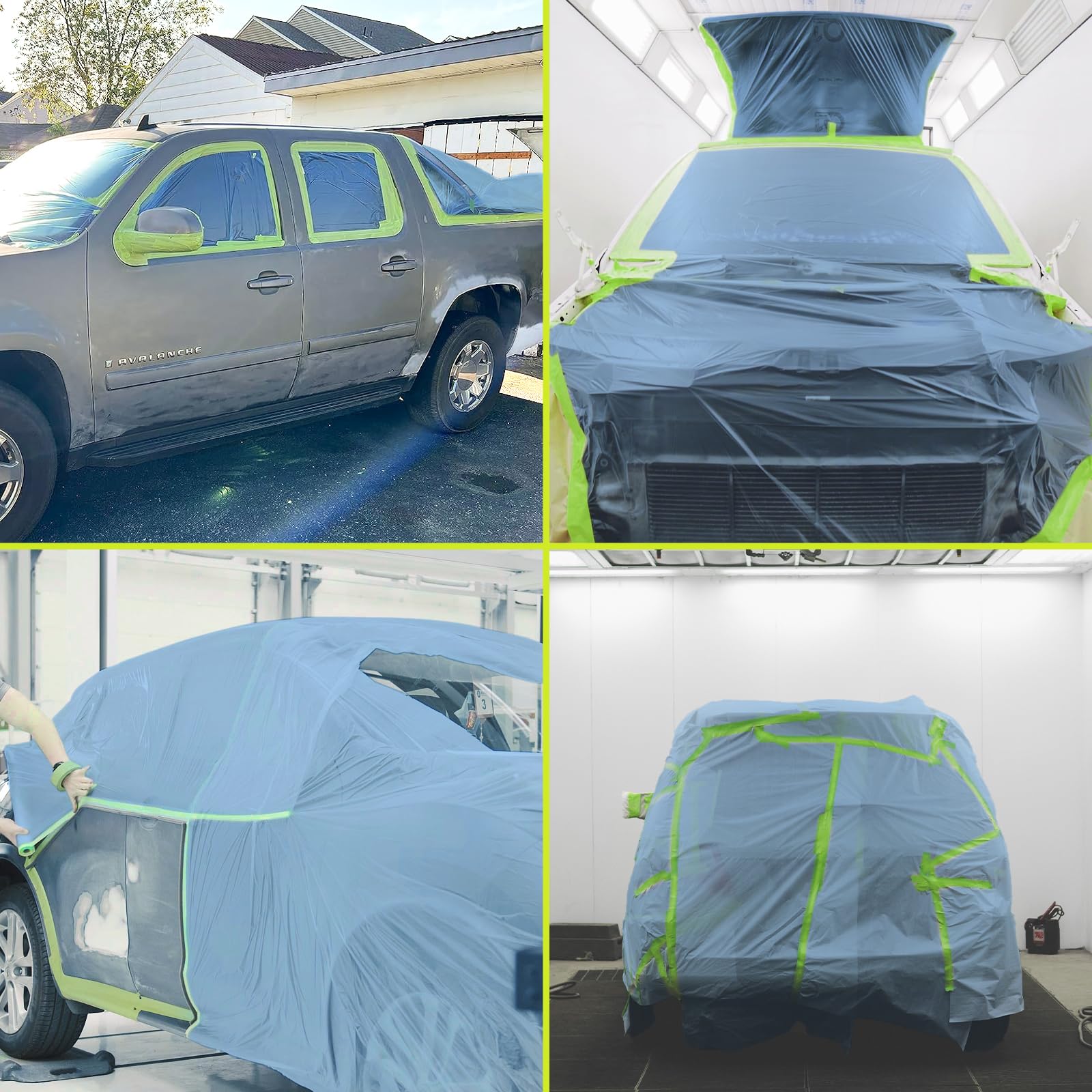 Película de enmascaramiento presellada para pintar, lámina de plástico para pintores de 44 pulgadas x 66 pies con cinta de pintura automotriz y cortina para cubrir automóviles, paredes, ventanas y