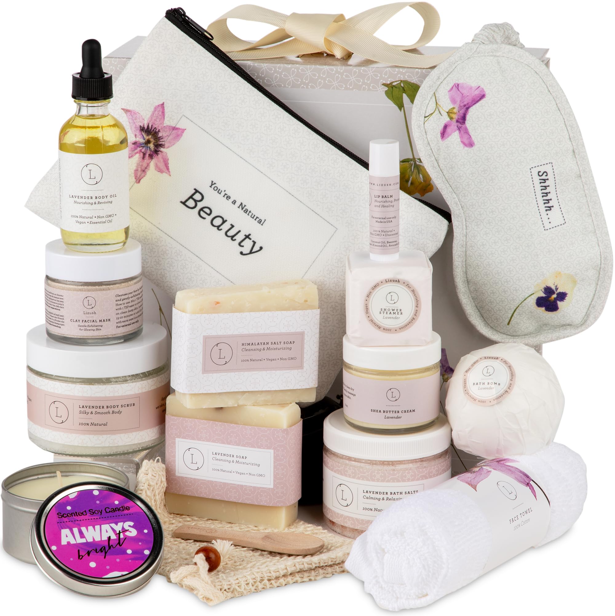 Luxury Spa Gifts for Women - 15 Piece Lavender Gifts for Her, Gift Baskets for Women, Body Care Set for Mom, Birthday Box, Self Care Spa Kit For Wife - Handmade in the USA