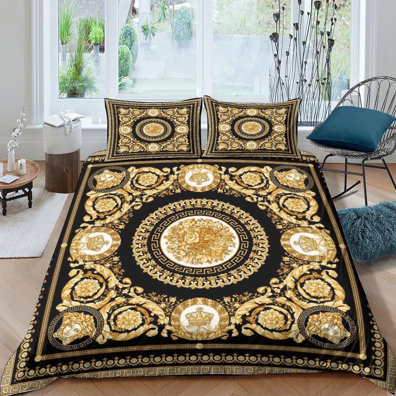 Ctjqhvkz Style-8 3D Printed Mandala Baroque Fitted Sheet Microfiber Soft Black Gold Sun Pattern Mattress Cover For Bedroom Guest Room Decor Single（135X200cm）