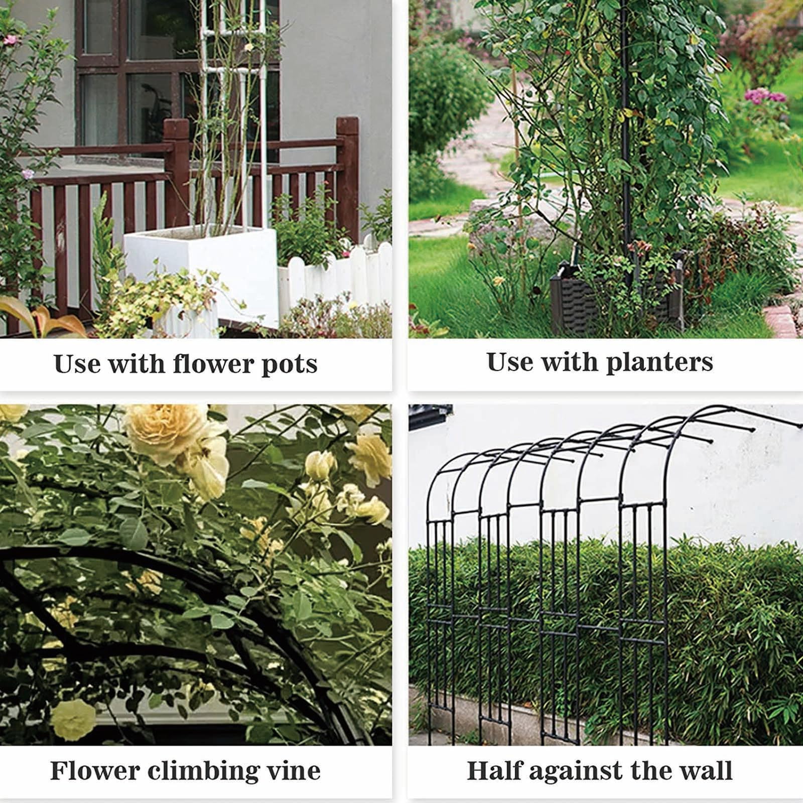 Traliccio ad arco da giardino a metà lato, nero, per piante rampicanti, rose, viti, perfetto per patio, prato e cortile