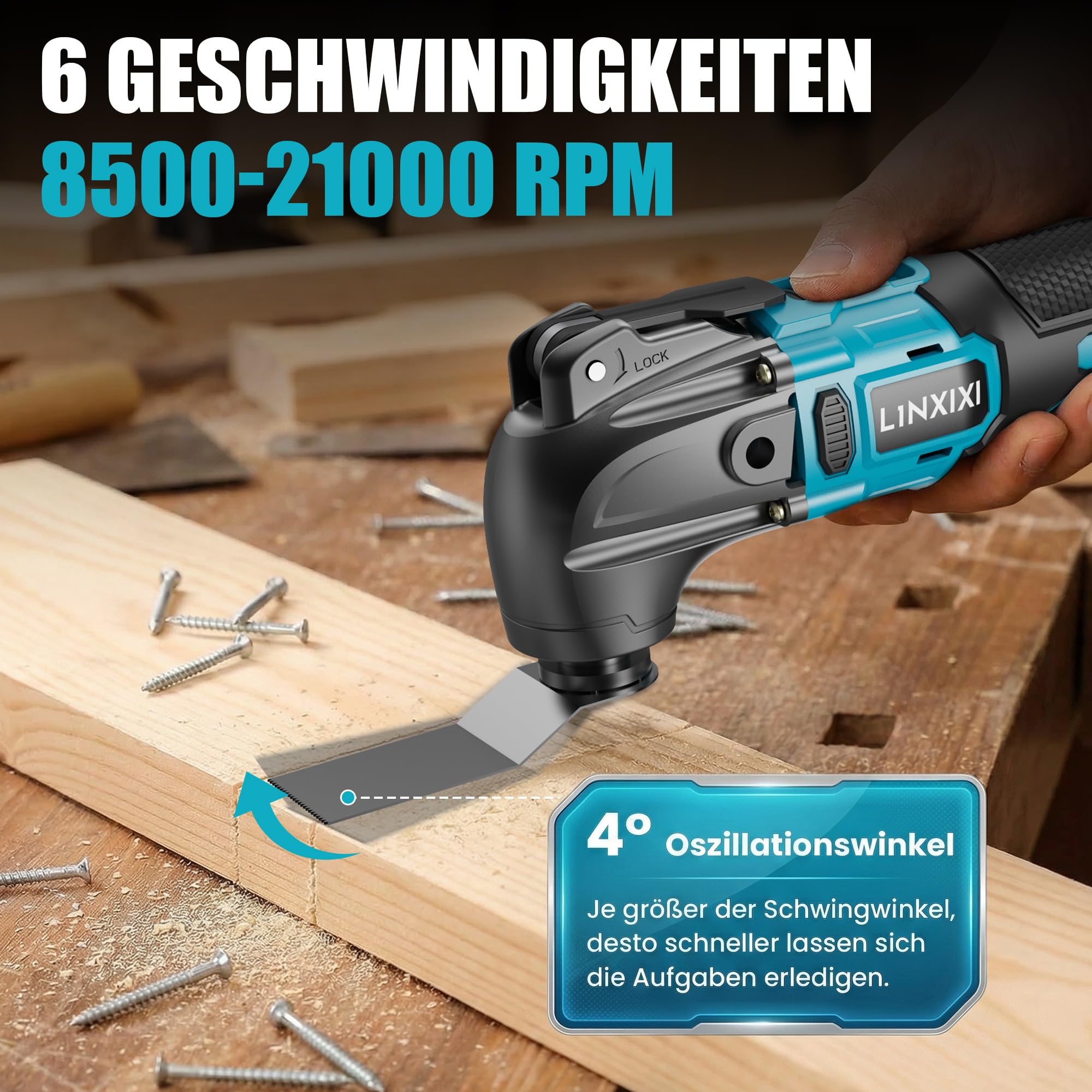 Akku Multifunktionswerkzeug mit 2x2000mAh Akku, kompatibel mit Makita LXT-18V Akku, Bürstenloses Oszillationswerkzeug Multitool mit 6 Geschwindigkeiten max.21.000 U/min, 4° Winkel, 23 Zubehör