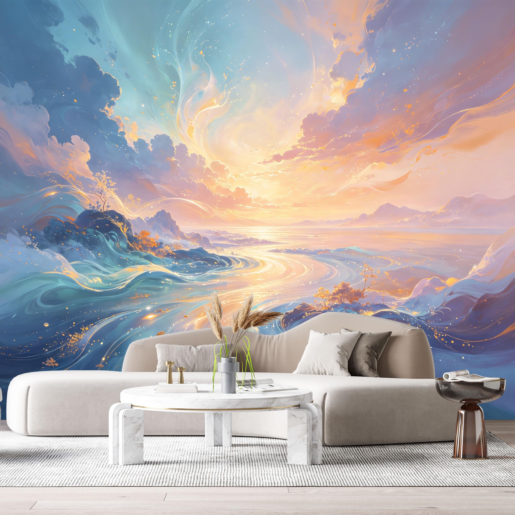Custom Size Wall Murals Abstract Coastal Landscape Watercolor Sunset Ocean Waves SelfAdhesive Wall Fabric Removable Large Wallpaper Photo for Living Room