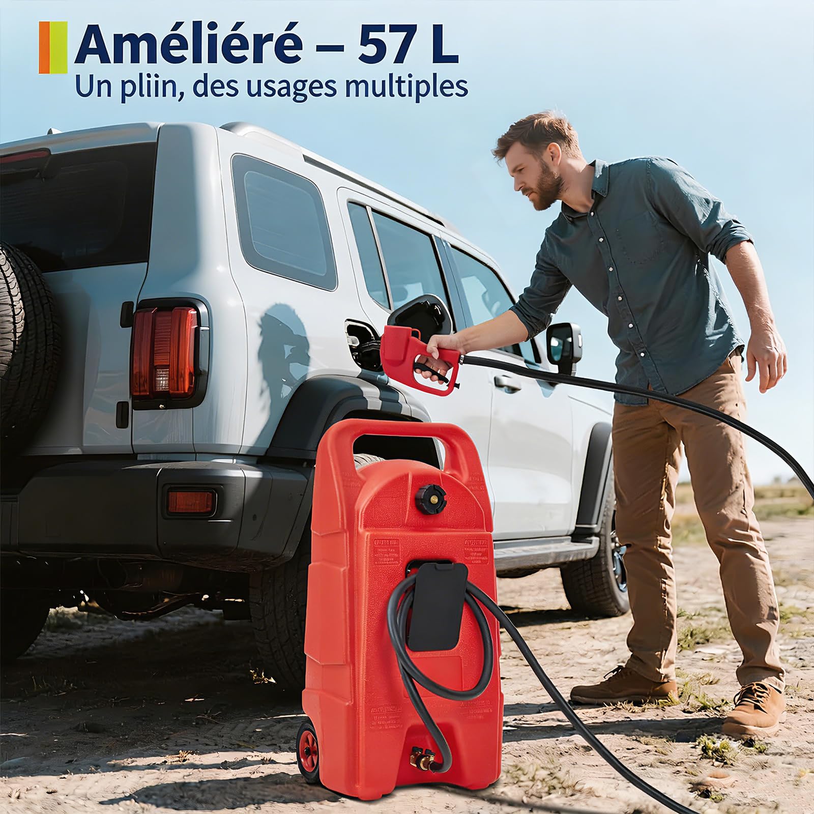 57L Réservoir Carburant Avec Roues, Jerrican Essence Avec Tuyau 3 m, Rouge