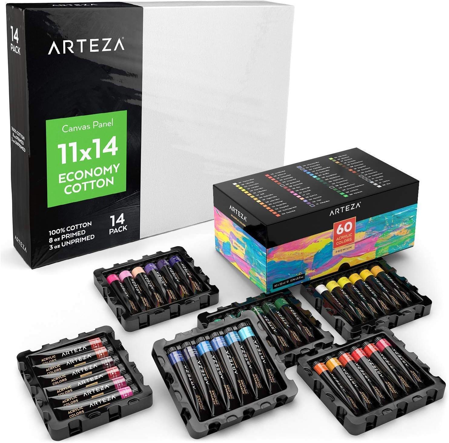 Arteza Bundle: 11x14 Bulk Pack of 100% Economy Cotton Canvas Panels, Set of 14 + Acrylic Paint, 22 ml Tubes, Set of 60 Assorted Colors, Painting Art Supplies for Artist, Hobby Painters & Beginners