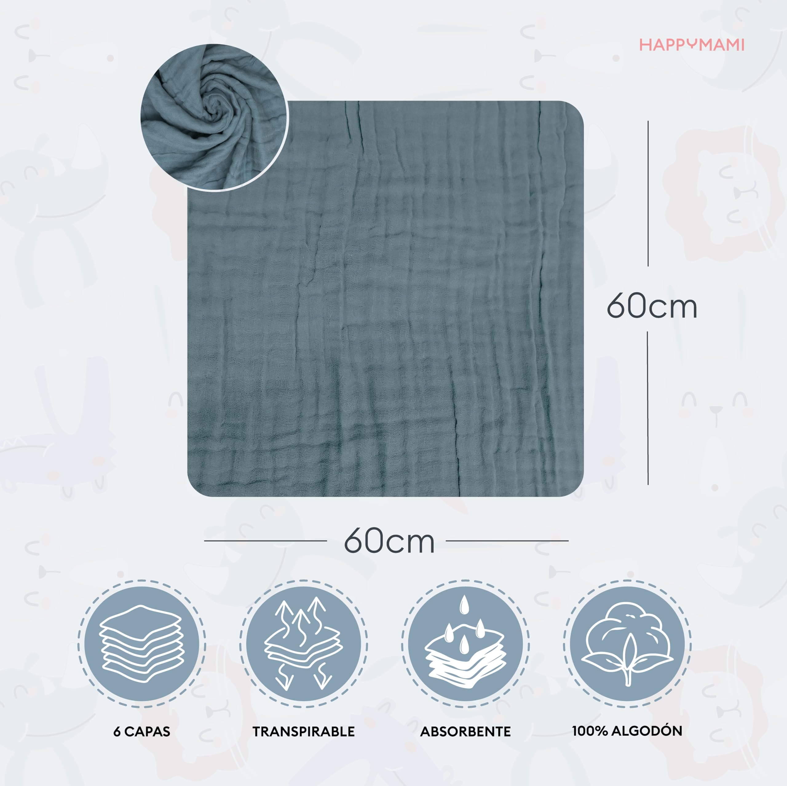 Happymami Pack 2 Muselinas Bebé Algodón 60x60 cm (6 Capas) - Set Regalo Recién Nacido - Gasas Suaves y Absorbentes para Lactancia y Arrullo(Happyanimals + Turquesa Suave)