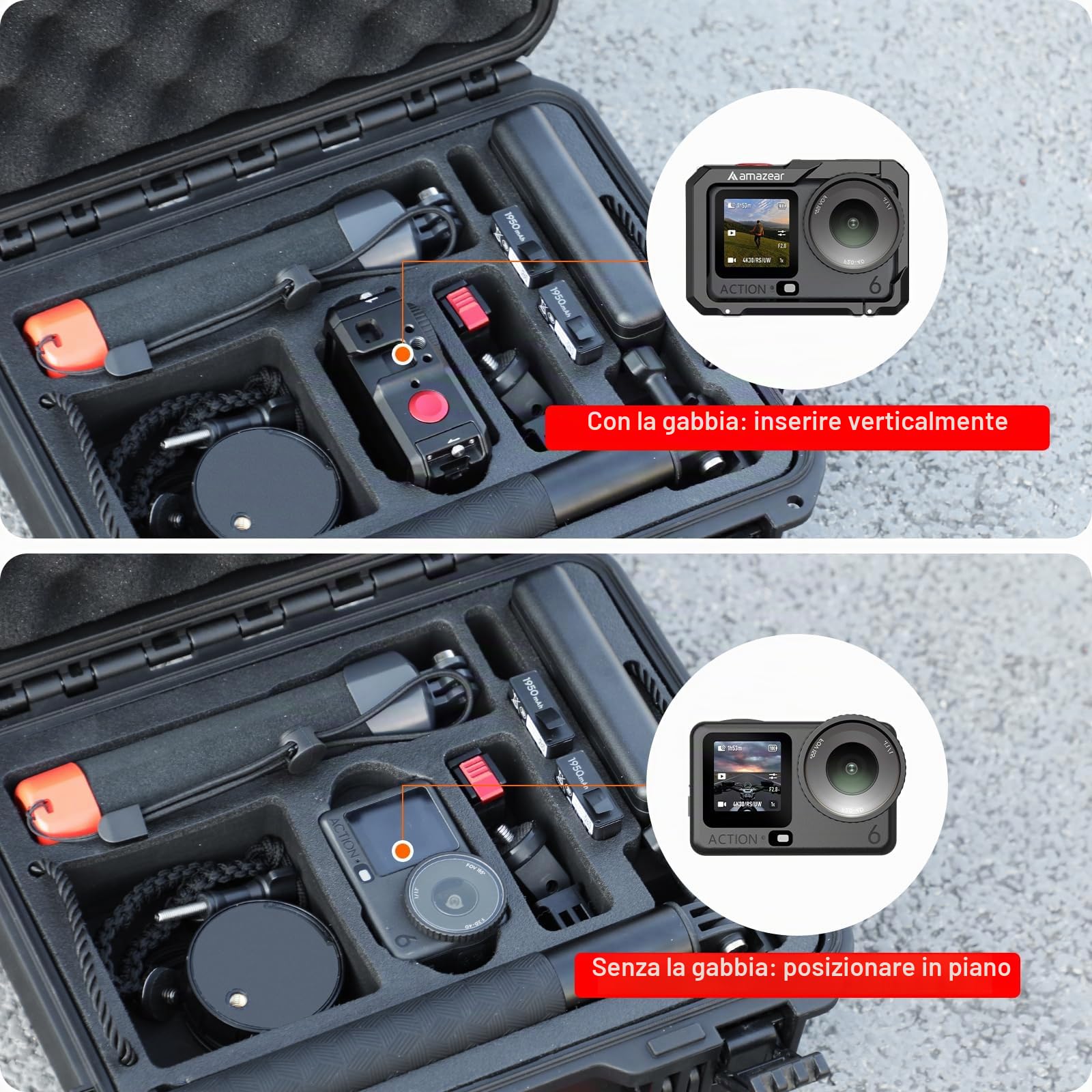 AMAZEAR Custodia rigida impermeabile per DJI Osmo Action 6 accessori, nero | Custodia rigida da viaggio a doppio strato antiurto con interno in EVA morbido, tracolla inclusa