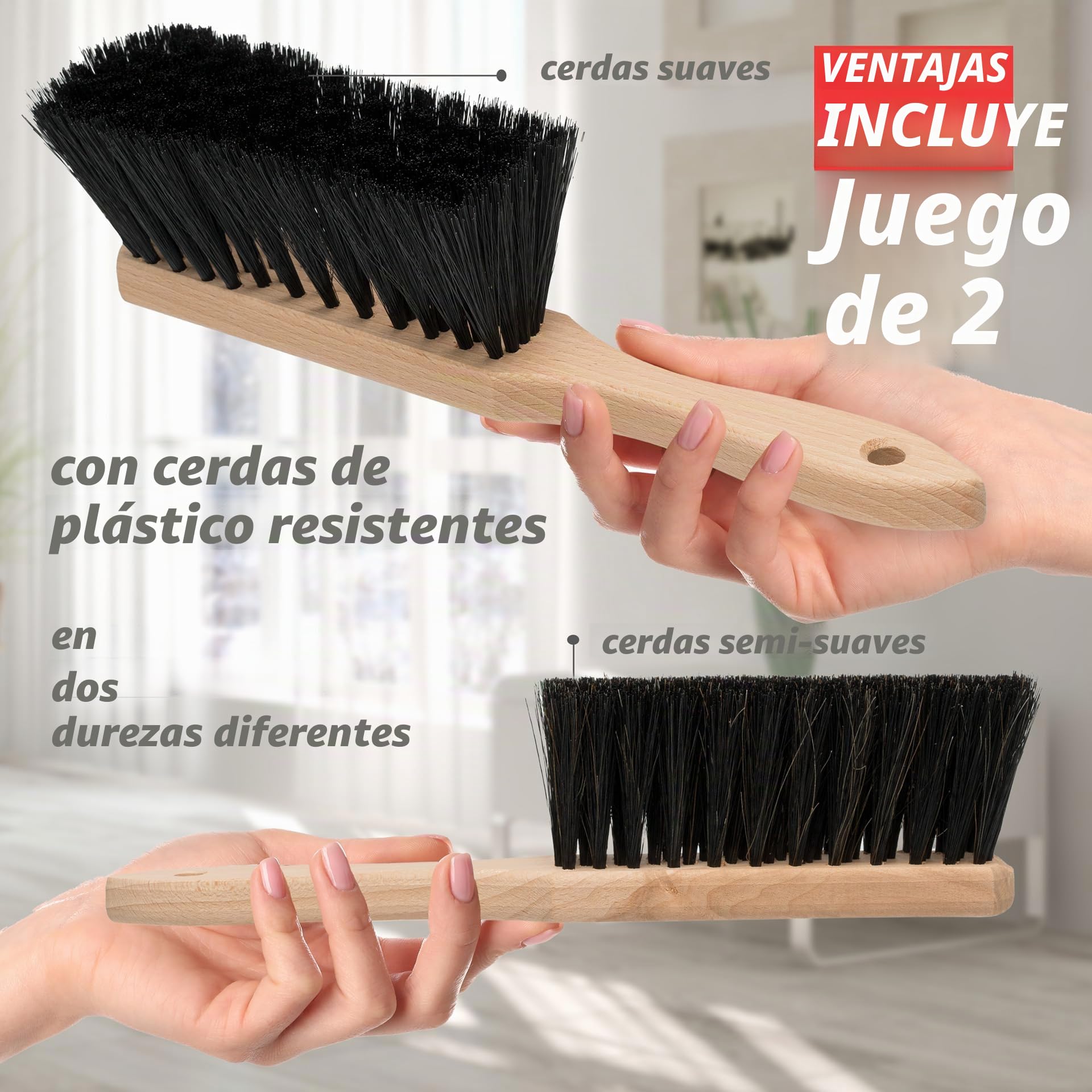 HAusfelder Set de 2 escobas de Mano, escobas de Mano con cerdas Suaves y Medio Suaves