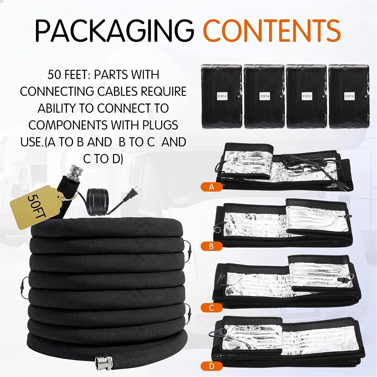 Nuanchu 50ft Heated Water Hose Sleeve Rv Hose Heated Cover Waterproof Freeze Resistant Down to -45°f Insulated Wrap Electrical Sleeve for Winter Camper Travel Trailer, Not Include Water Pipe