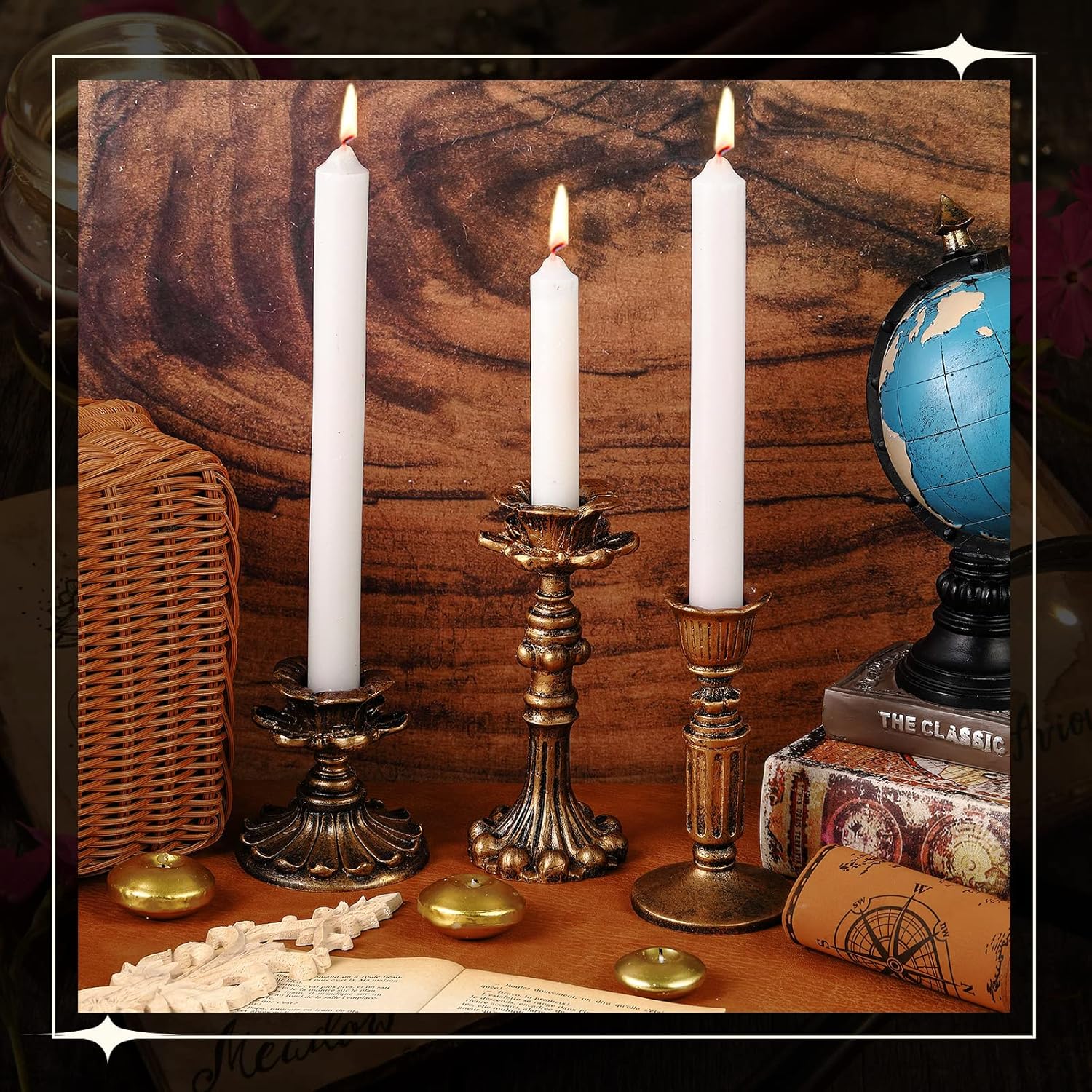 Suclain 6 Pcs Vintage Candlestick Holders Taper Resin Candle Holder Retro Antique Candle Holder Floral Decorative Candlesticks for Wedding Anniversary Table Centerpieces Fireplace Home Decor (Bronze) - Image 3