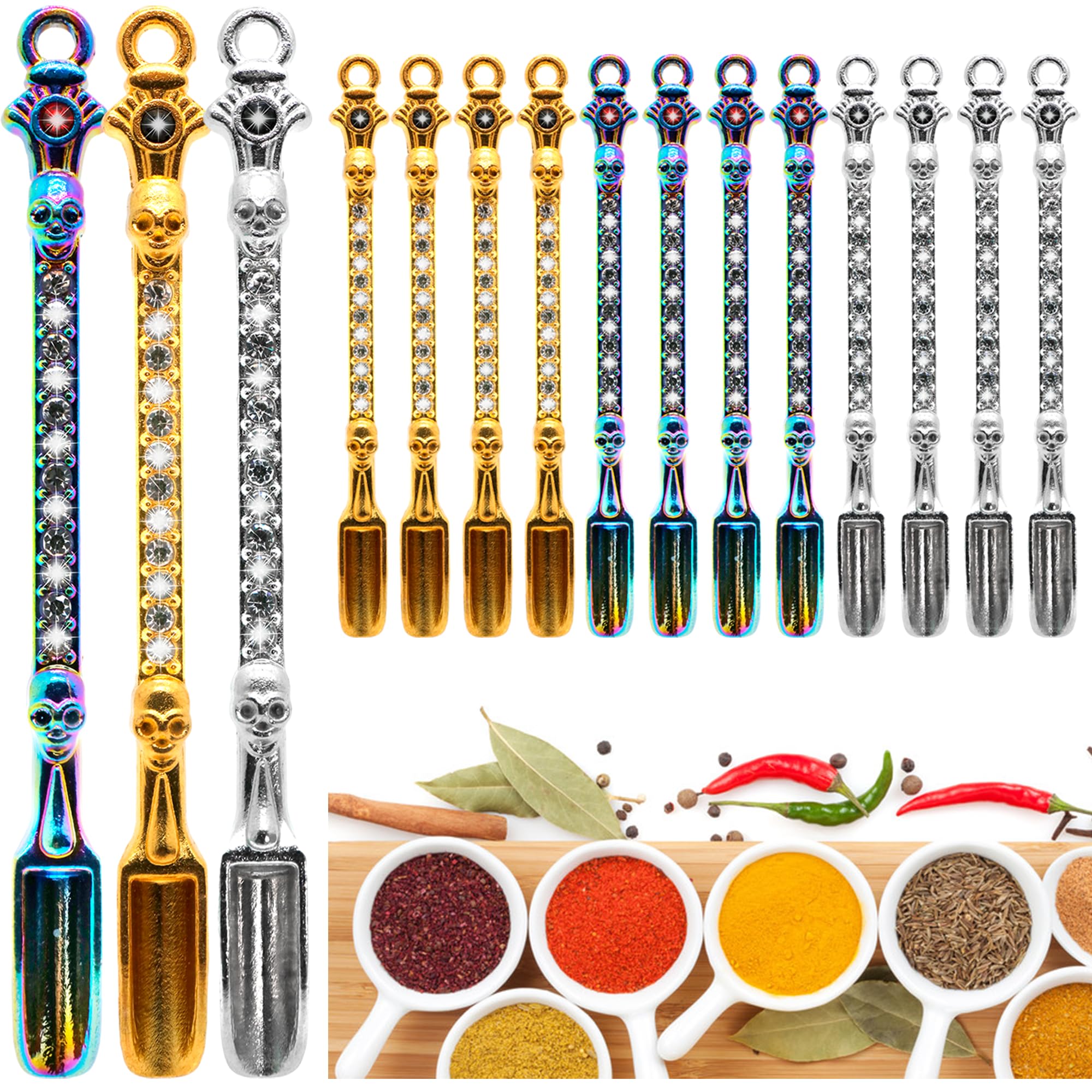 12 Pcs Mini Shovel Spoons with Rhinestones, Colored Gold and Silver-White Tiny Metal Spoon Pendants for Necklaces and Keychains, Small Powder Scoops for Spices, Herbs, Glitter, and DIY Crafts