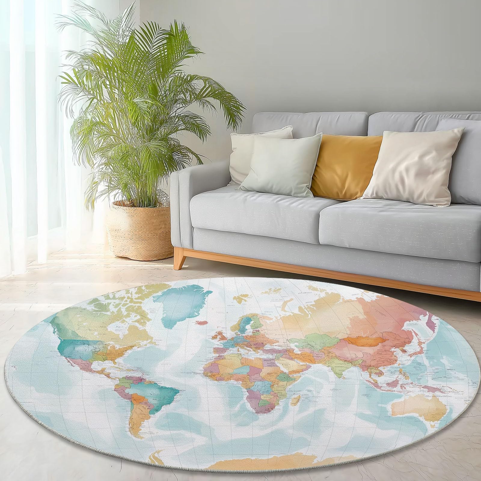 Tappeto Rotondo Salotto, Morbido Mappa Del Mondo Ad Acquerello Tappetini Antiscivolo lavabile in lavatrice, Tappeto per Bambini Cameretta Cucina Casa Zona Balcone Tappet Tavolino 160 cm, Bianco