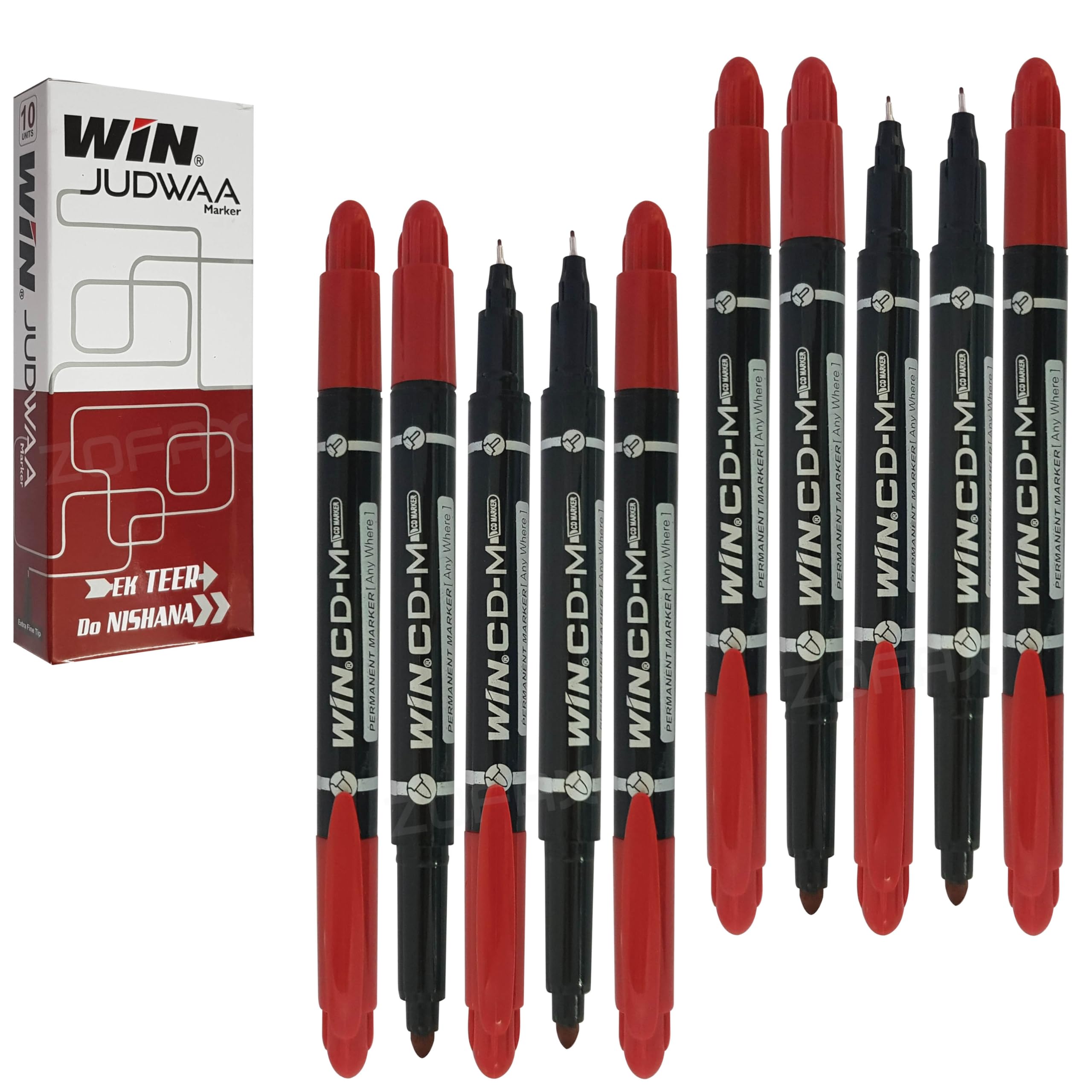 DUAL TIP Permanent Markers, RED, Medium Tip and Extra Fine Tip, Pack of 10, Twin Tip Markers for Plastic Ceramic Glass Paper Card Wood, iZOFAX Black Ball Pen