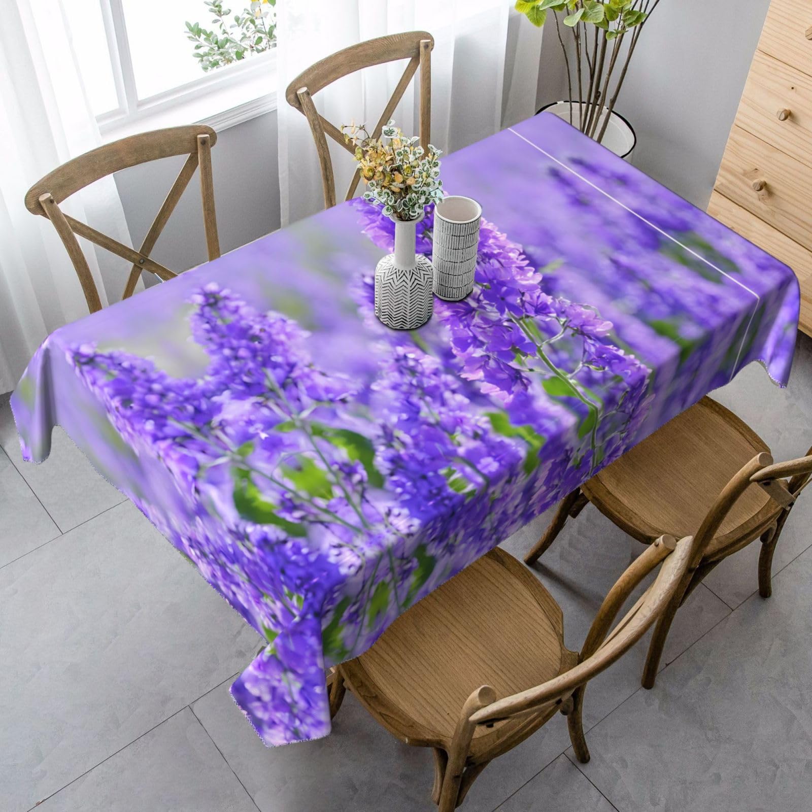 AUGUSTRUSH 140x90 Cm Rectangle Tablecloth, Purple Lavender Colored Flowers Tablecloths, Soft Washable Durable Table Cover For Dining, Party Wrinkle-Resistant Table Cloth For Travel Wedding Cafe Picnic