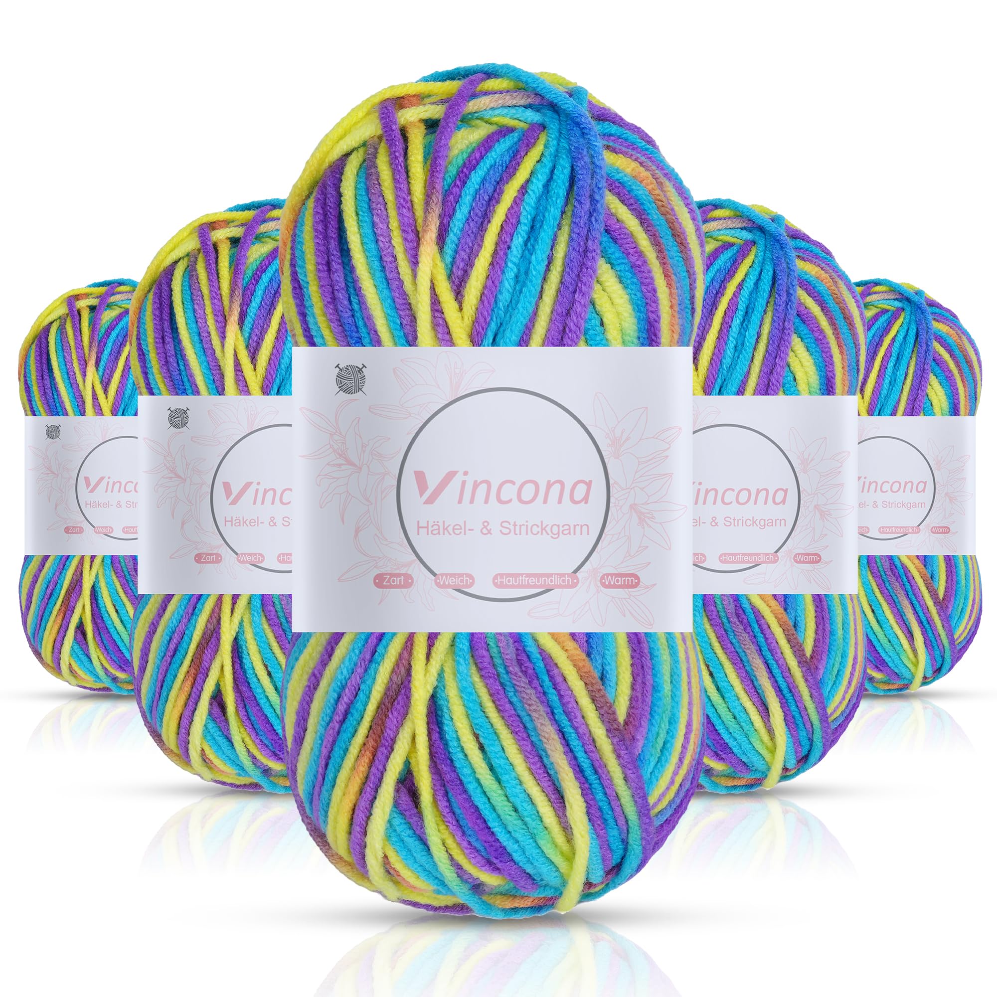 Vincona Häkelgarn，5x50 g Wolle zum Häkeln，Bunt Farbverlauf Acrylgarn zum Häkeln，Wolle zum Häkeln und Stricken, Handstrickgarnsets Geeignet zum Stricken von Puppen, Pullovern, Schals, Mützen