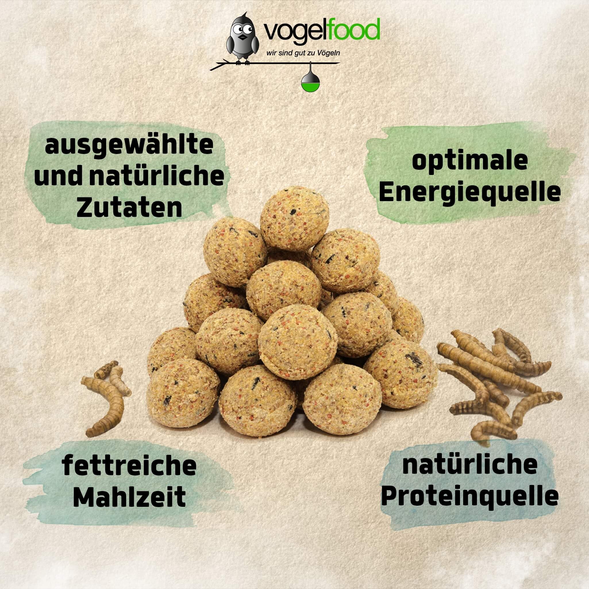 Vogelfood 200 x 90 g =18 kg Meisenknödel mit Insekten ohne Netz Vogelfutter 4 Jahreszeitenknödel Wildvogelfutter Ganzjahresfutter Fettfutter