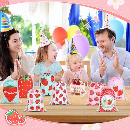 Miniatura 7 de Kajaia 24 bolsas de regalo de fresa con cordón para regalo, lindas bolsas reutilizables para niños, cumpleaños, fiesta de frutas, baby shower,