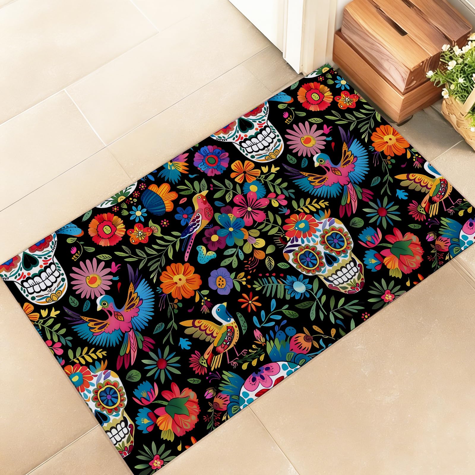 amepay Day of The Dead Sugar Skull Indoor Door Mat – Stylish 17x29.5in Non-Woven Fabric Floor Doormat with Floral Skull Design, for Porch Insider,