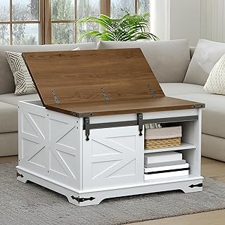 HOOBRO White Farmhouse Coffee Table with Storage, Large Square Coffee Ta...