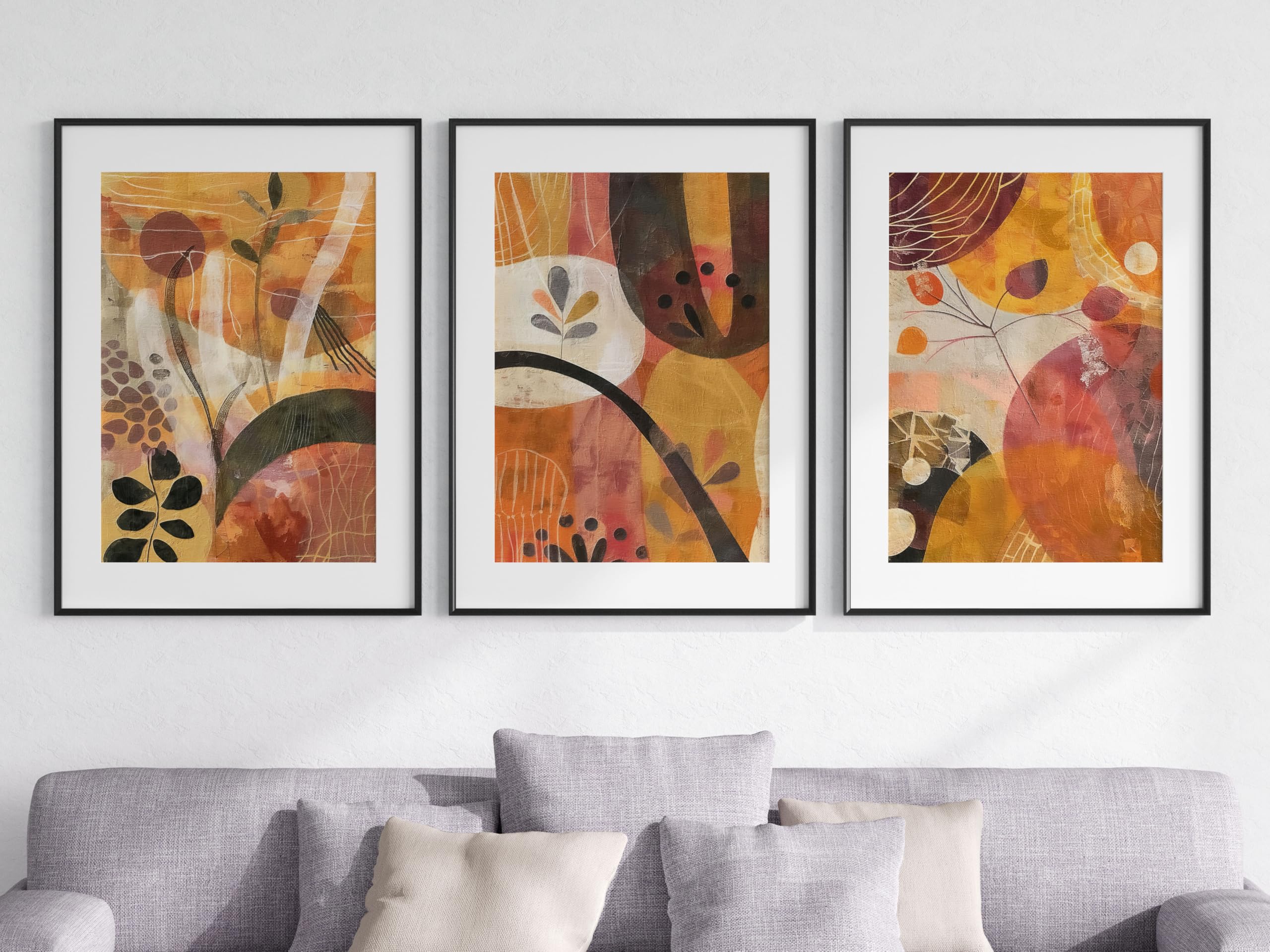 Autumn Abstract Set of 3 Unframed Wall Poster Prints, Digitally Printed Painting Style, Lounge Bedroom Kitchen Bathroom Home Decor, Autumnal Style, Orange Brown Black (A4)